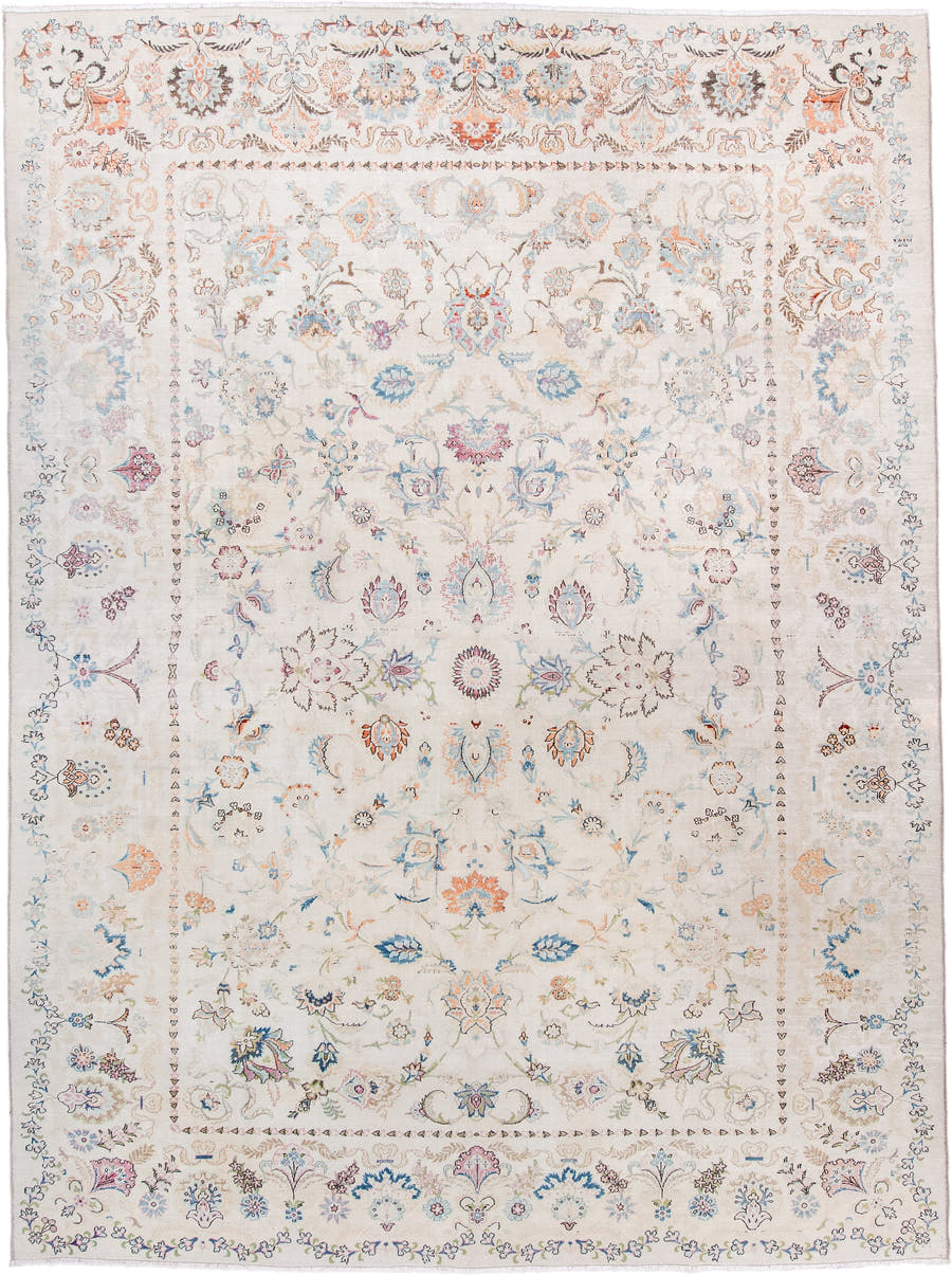 8' x 11' one-of-a-kind handmade vintage  large size rug. Color palette: ivory, sky blue, taupe, blush, rust, sage, brown