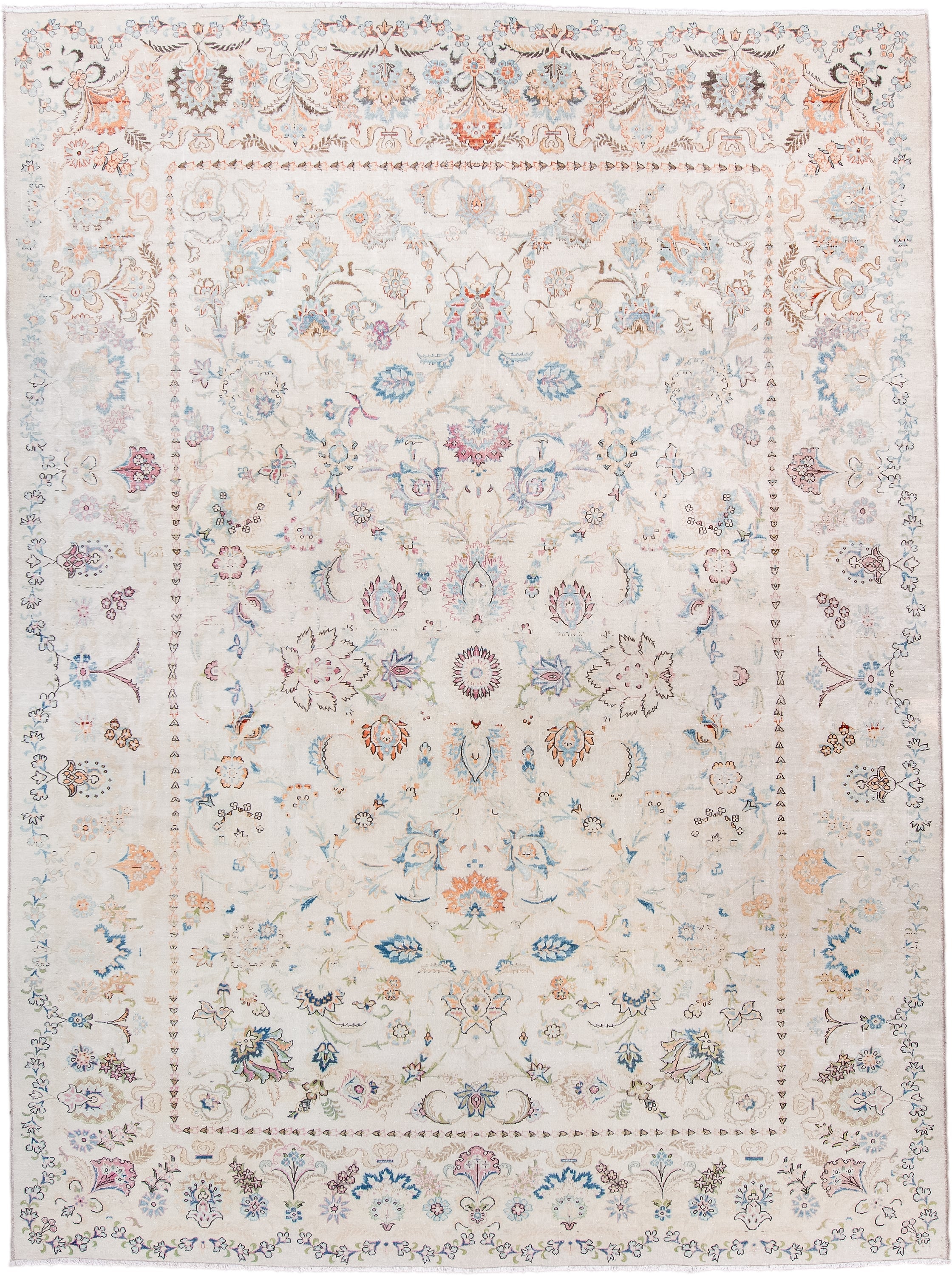 8' x 11' one-of-a-kind handmade vintage  large size rug. Color palette: ivory, sky blue, taupe, blush, rust, sage, brown
