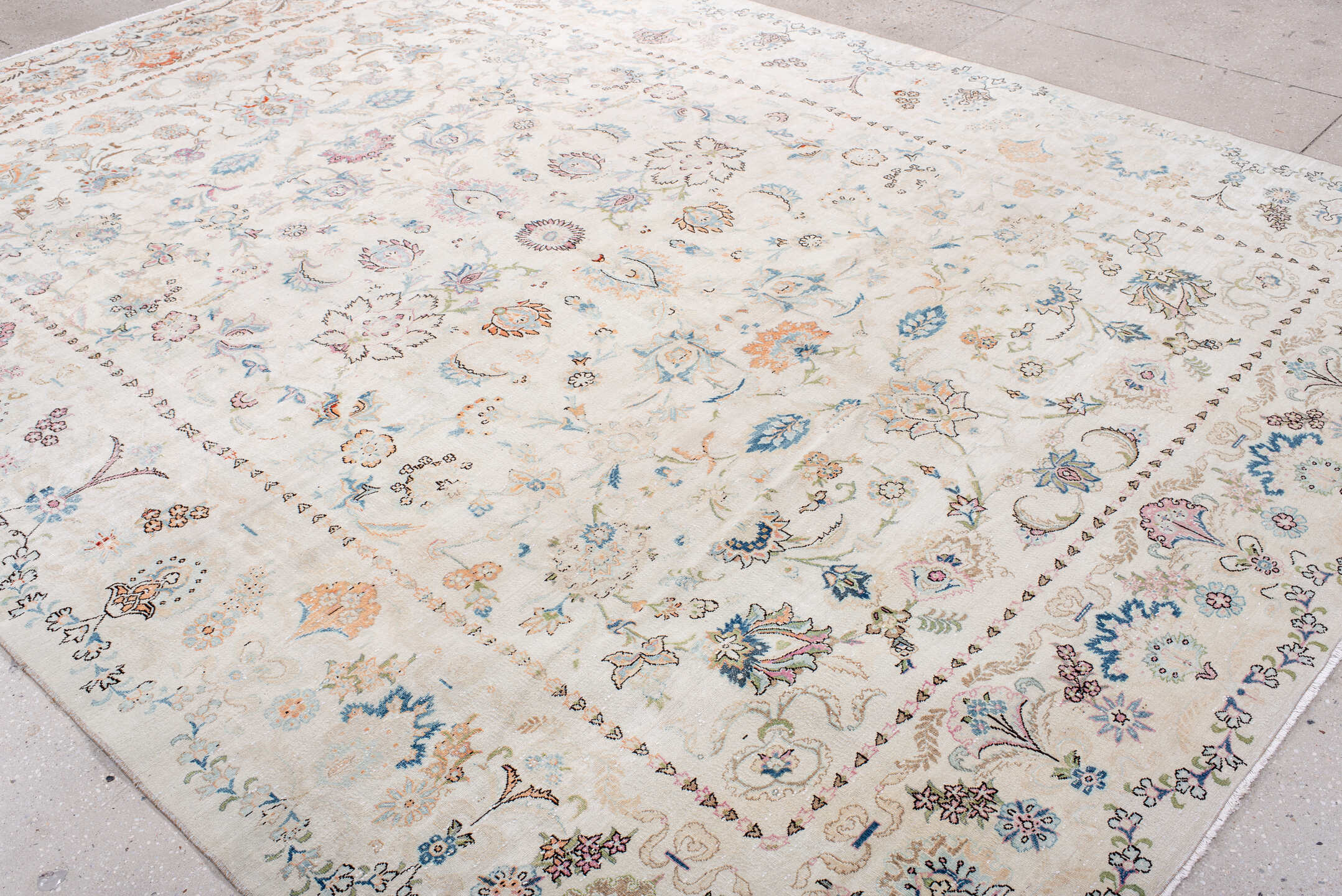 8' x 11' one-of-a-kind handmade vintage  large size rug. Color palette: ivory, sky blue, taupe, blush, rust, sage, brown