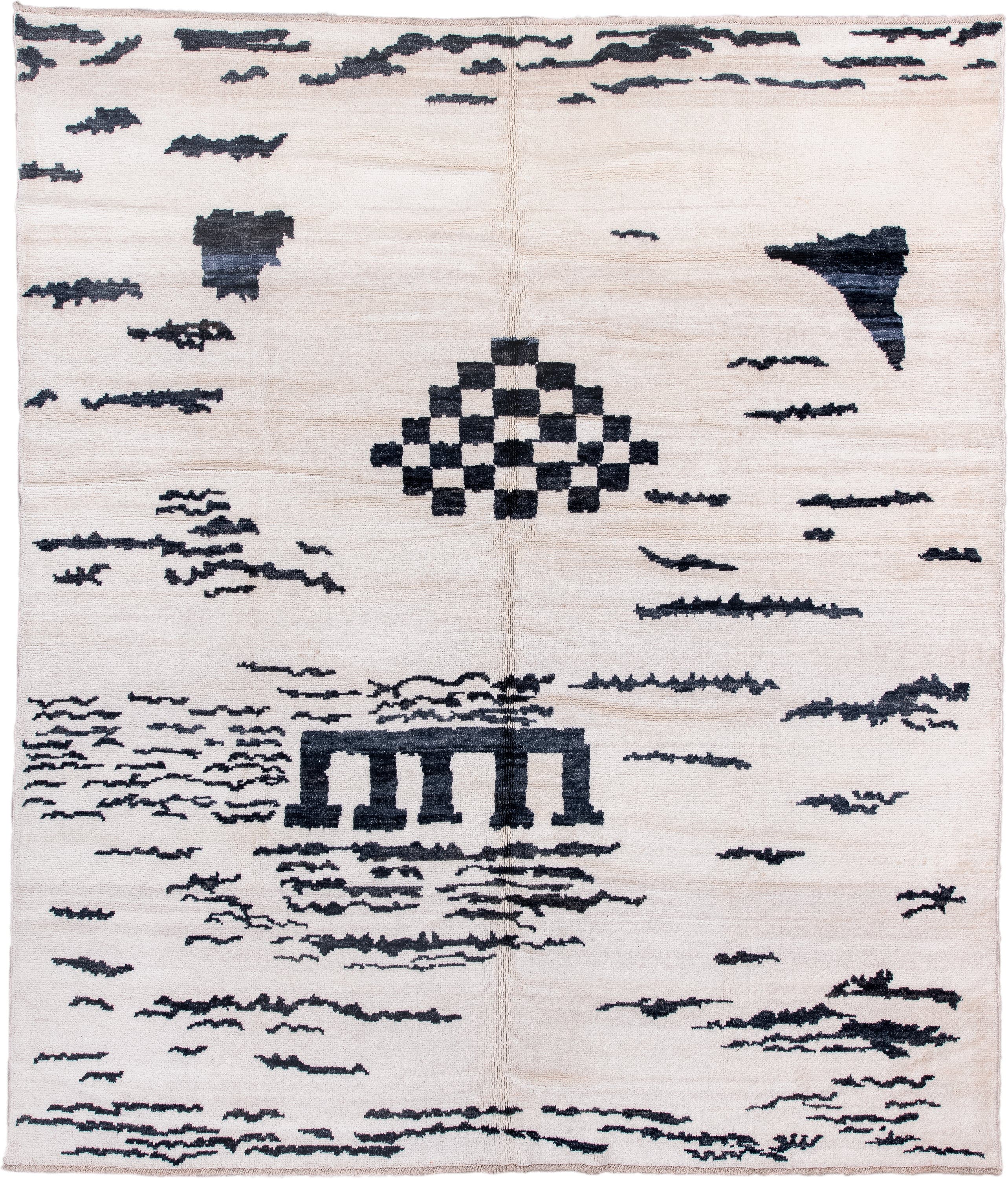 8' x 10' one-of-a-kind handmade vintage Moroccan large size rug. Color palette: ivory, charcoal, cream, gray, black