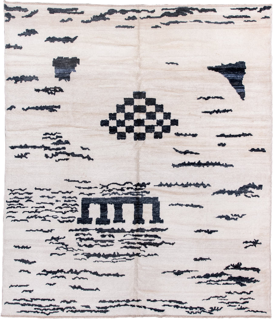 8' x 10' one-of-a-kind handmade vintage Moroccan large size rug. Color palette: ivory, charcoal, cream, gray, black