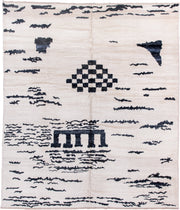 8' x 10' one-of-a-kind handmade vintage Moroccan large size rug. Color palette: ivory, charcoal, cream, gray, black