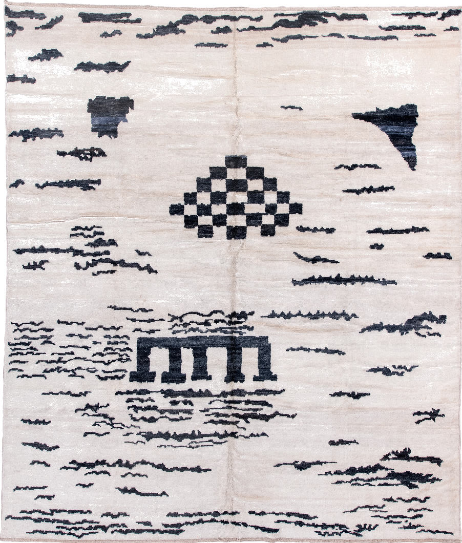 8' x 10' one-of-a-kind handmade vintage Moroccan large size rug. Color palette: black, blue, dark gray, dim gray, gainsboro