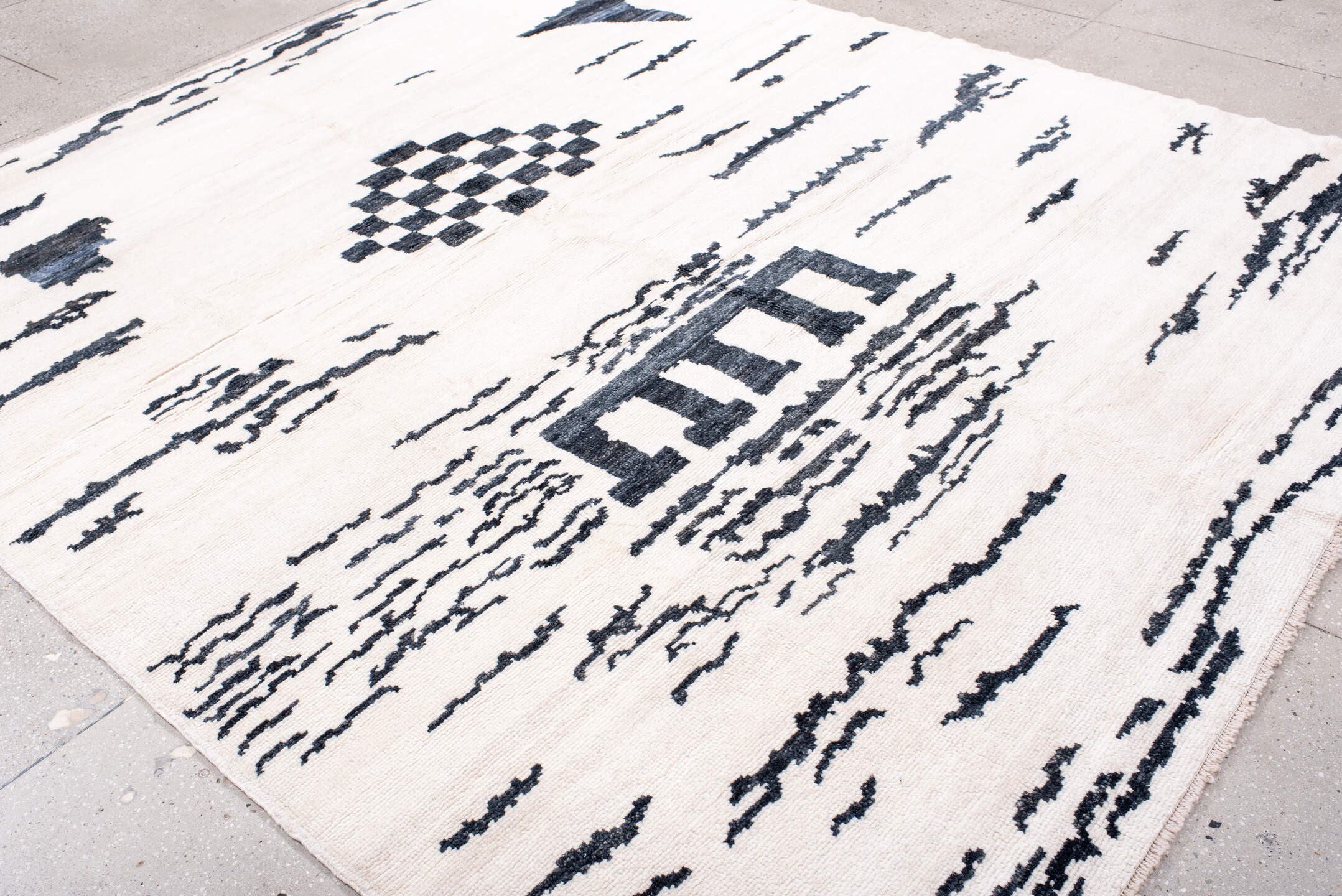 8' x 10' one-of-a-kind handmade vintage Moroccan large size rug. Color palette: ivory, charcoal, cream, gray, black