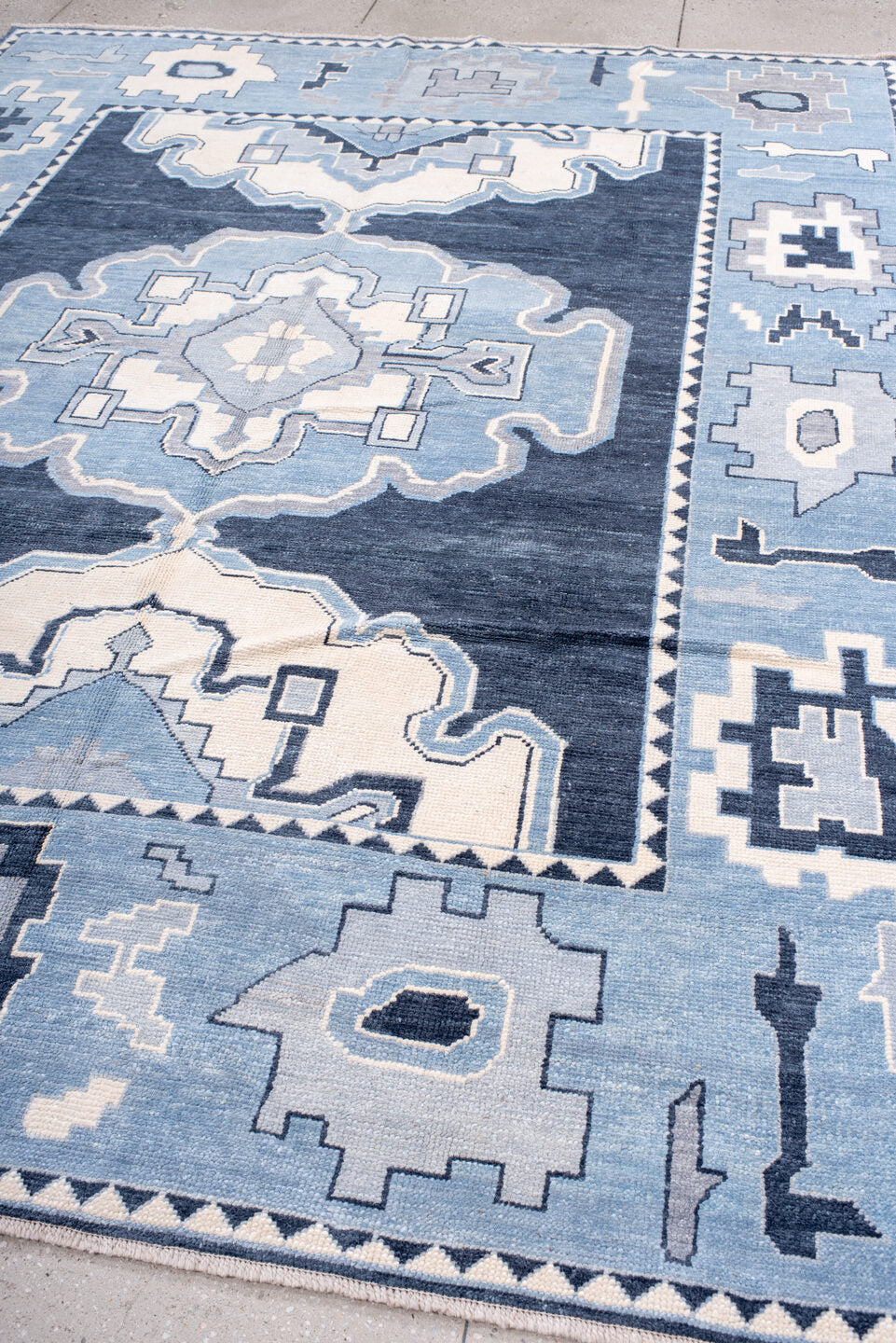 8' x 11' one-of-a-kind handmade vintage Oushak large size rug. Color palette: blue, fiord, gainsboro, gray, light blue