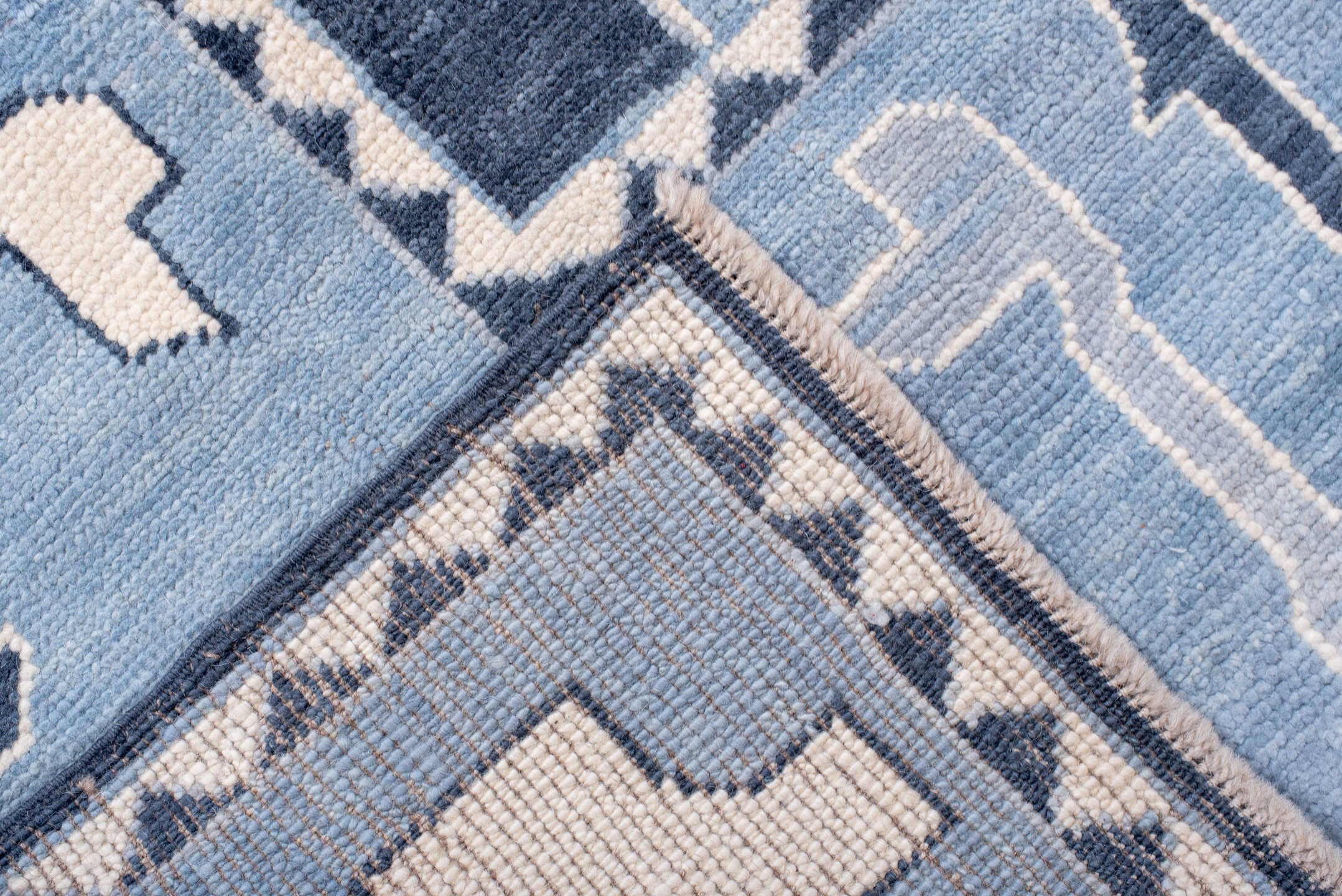 8' x 11' one-of-a-kind handmade vintage Oushak large size rug. Color palette: blue, fiord, gainsboro, gray, light blue