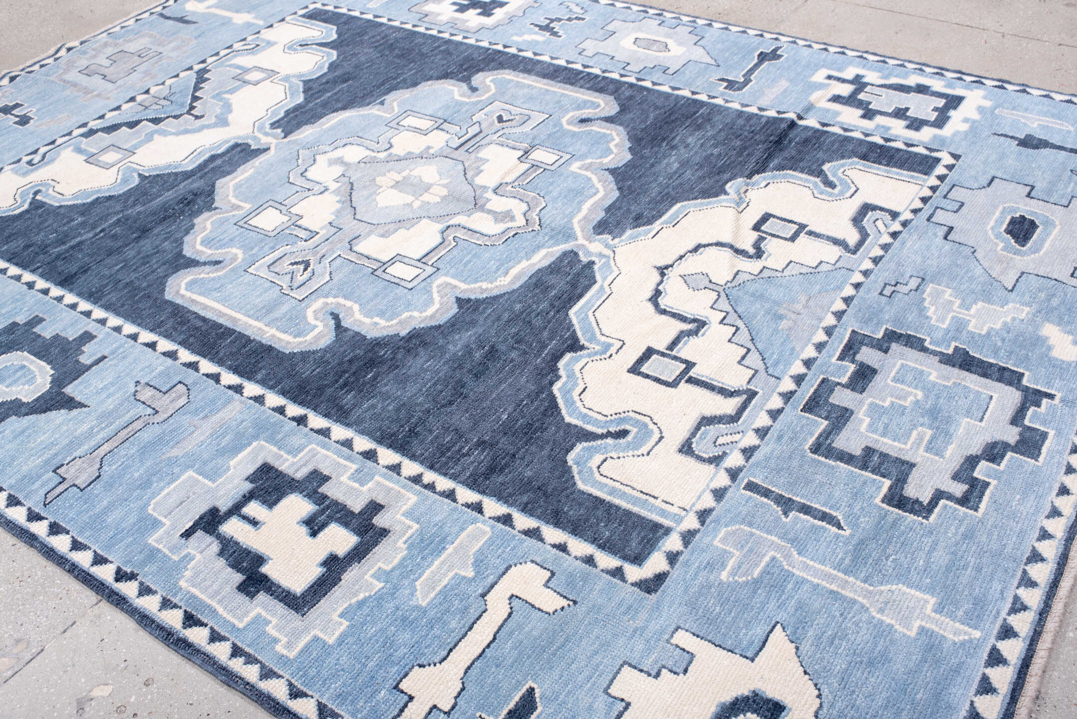8' x 11' one-of-a-kind handmade vintage Oushak large size rug. Color palette: blue, fiord, gainsboro, gray, light blue