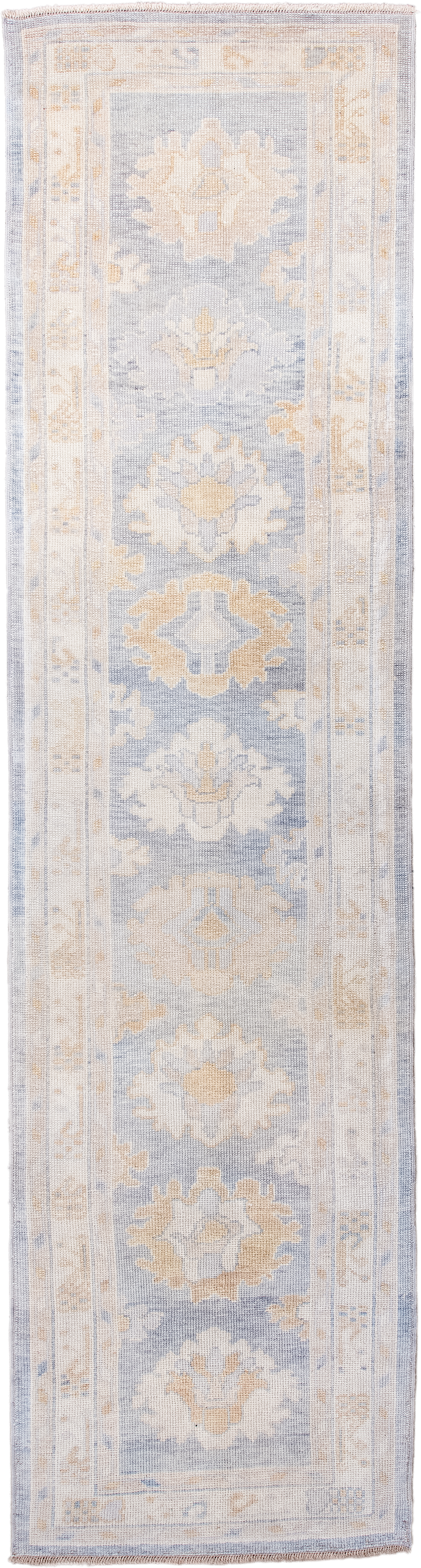 3' x 11' one-of-a-kind handmade vintage Oushak runner rug. Color palette: ivory, pale blue, cream, beige, taupe, light blue