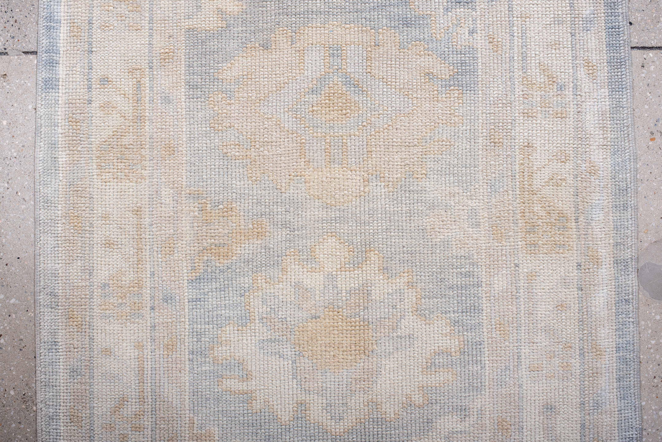 3' x 11' one-of-a-kind handmade vintage Oushak runner rug. Color palette: ivory, pale blue, cream, beige, taupe, light blue