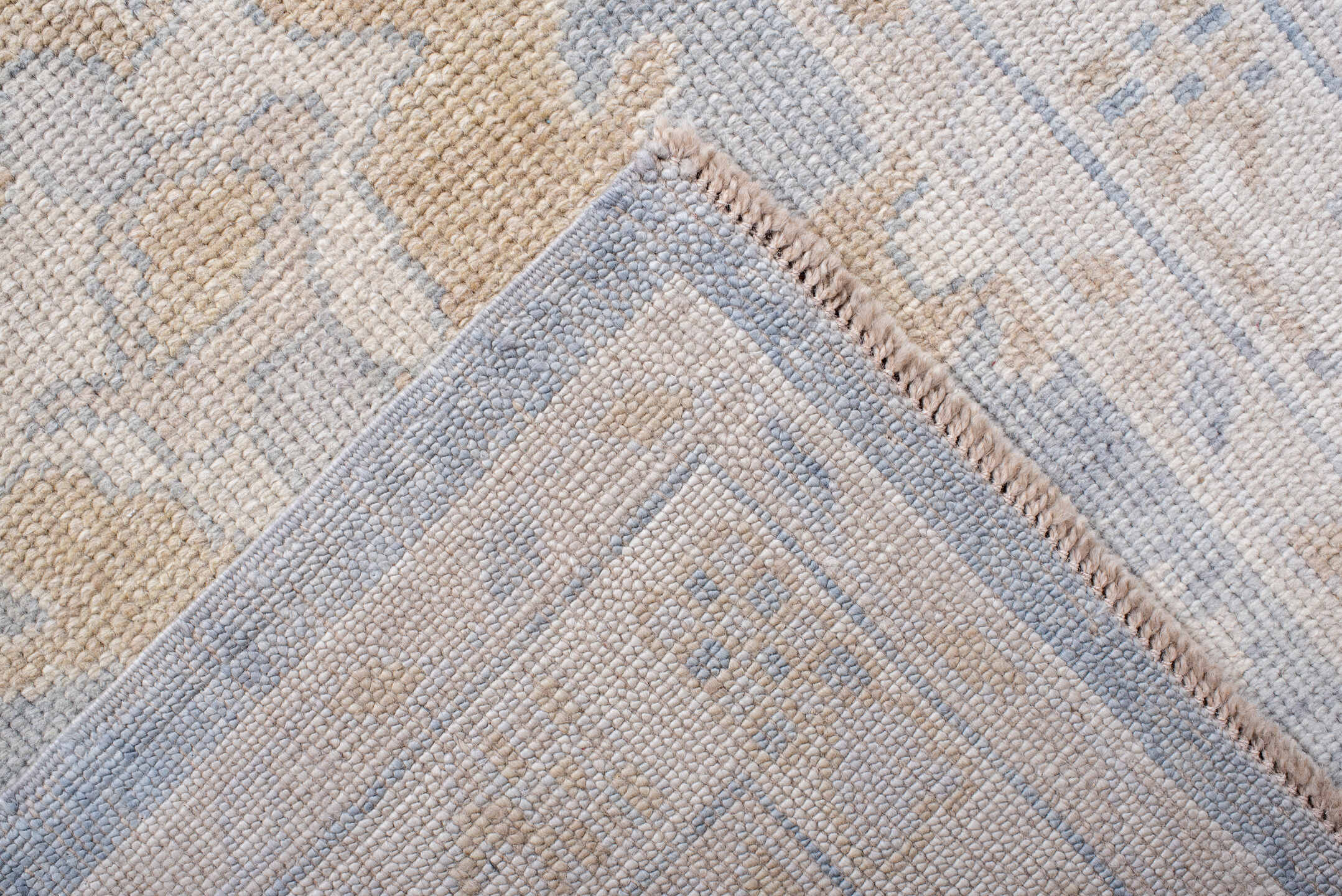 3' x 11' one-of-a-kind handmade vintage Oushak runner rug. Color palette: ivory, pale blue, cream, beige, taupe, light blue