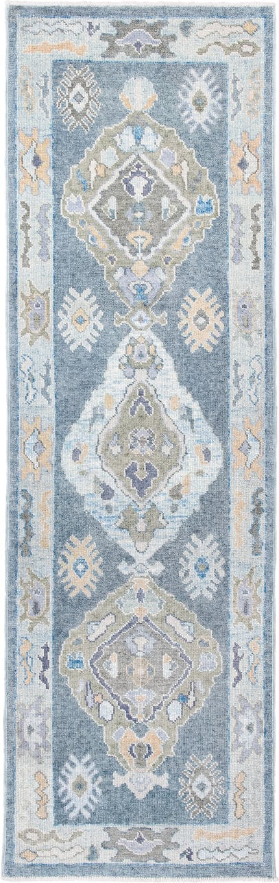 2' x 9' one-of-a-kind handmade vintage Oushak runner rug. Color palette: blue, ivory, sage, taupe, pale_gold, slate, green