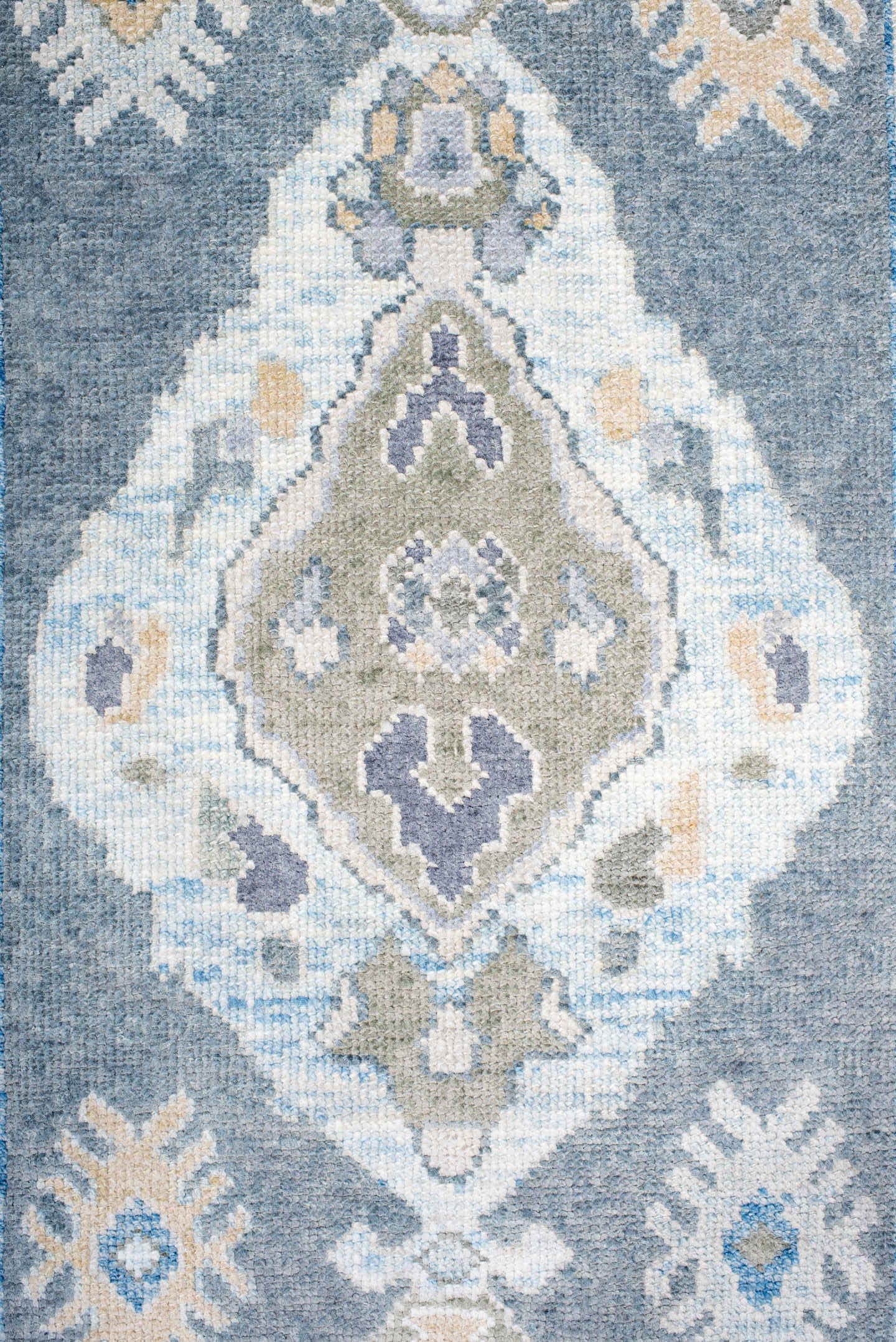 2' x 9' one-of-a-kind handmade vintage Oushak runner rug. Color palette: blue, ivory, sage, taupe, pale_gold, slate, green