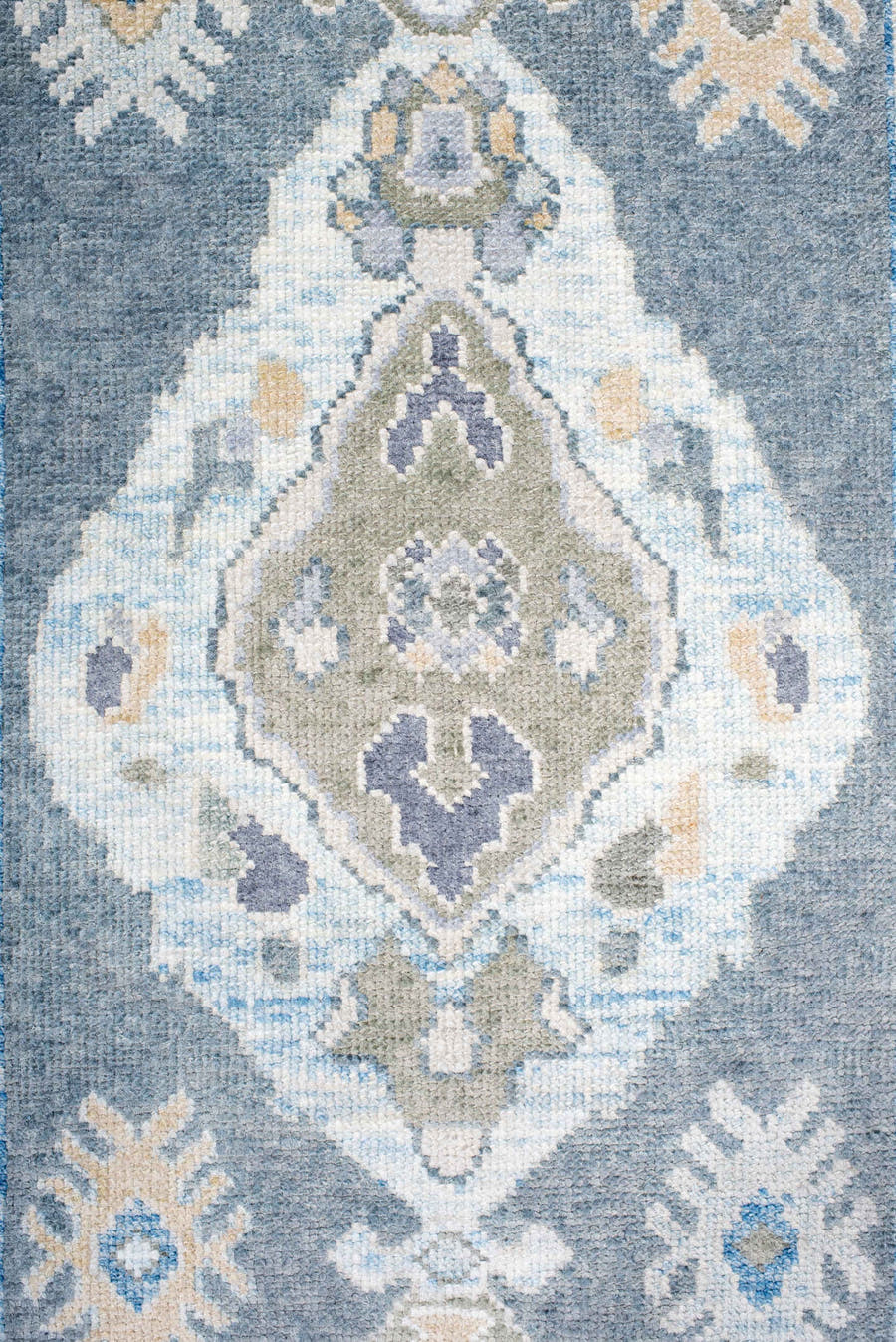 2' x 9' one-of-a-kind handmade vintage Oushak runner rug. Color palette: blue, ivory, sage, taupe, pale_gold, slate, green