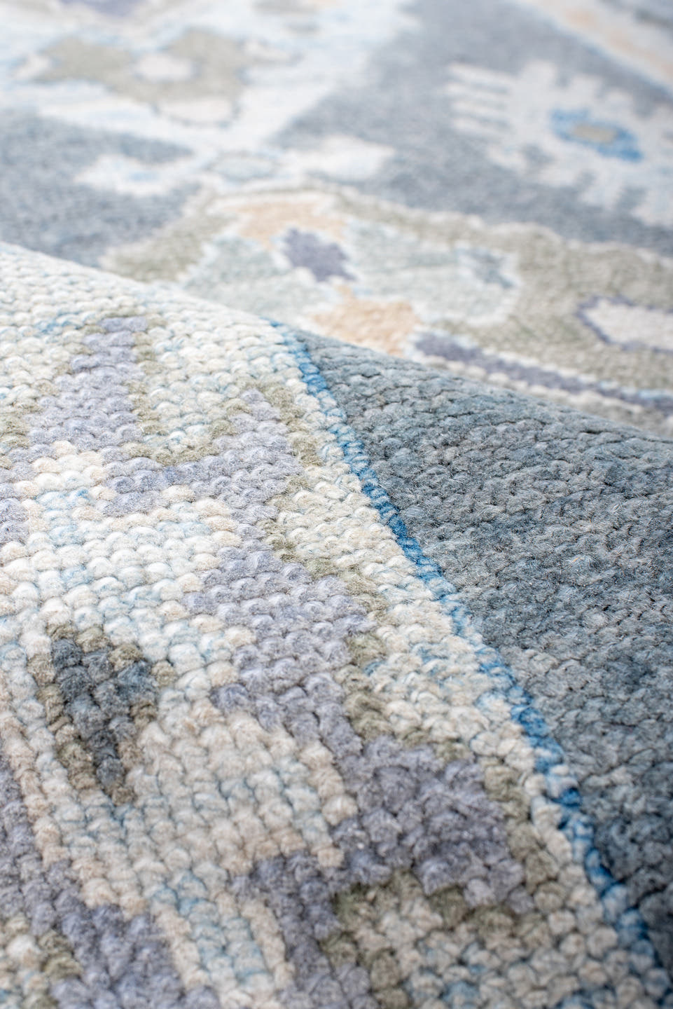 2' x 9' one-of-a-kind handmade vintage Oushak runner rug. Color palette: blue, ivory, sage, taupe, pale_gold, slate, green