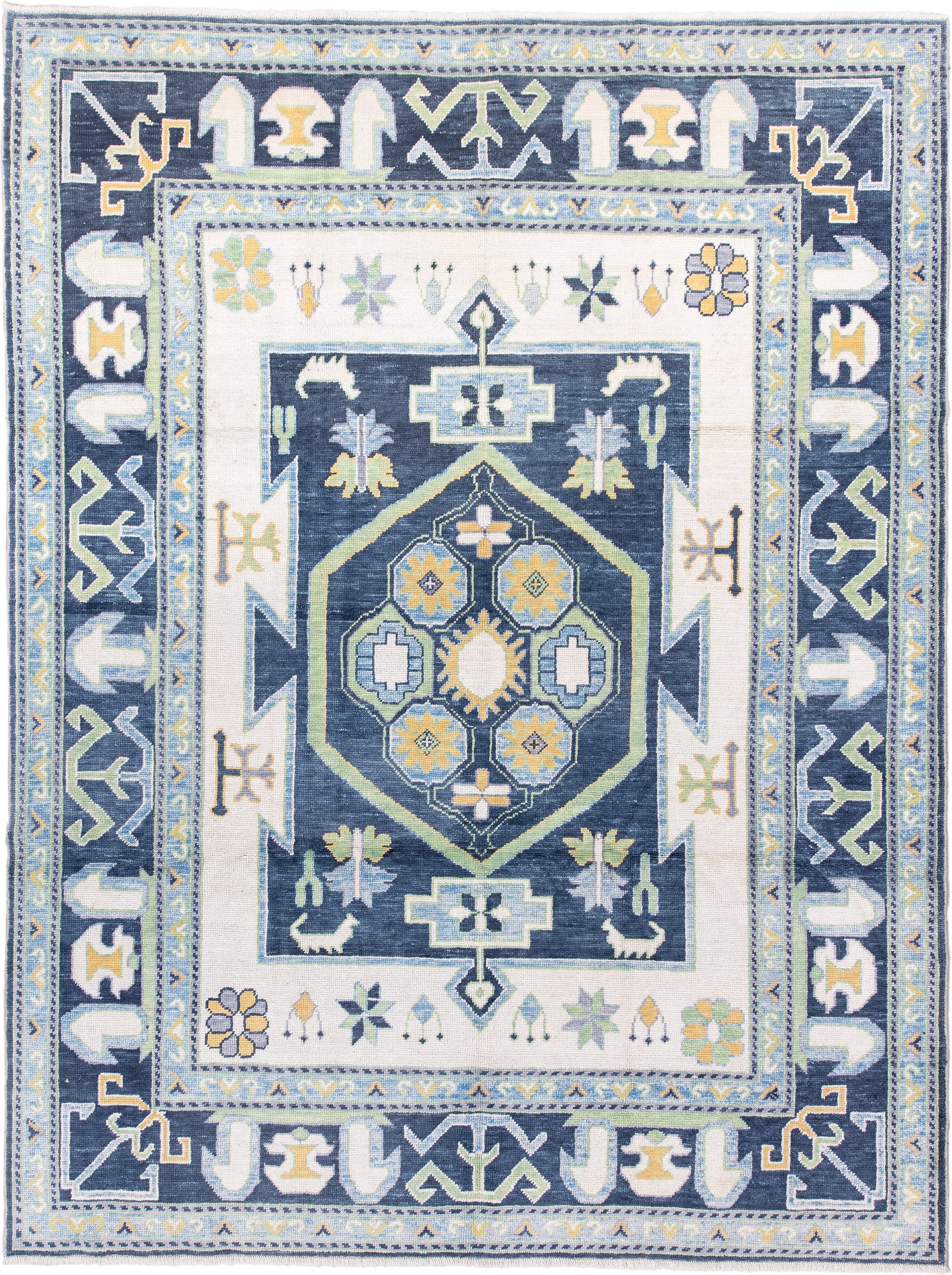 8' x 10' one-of-a-kind handmade vintage Oushak large size rug. Color palette: ivory, navy, sky_blue, sage, gold, pale_blue