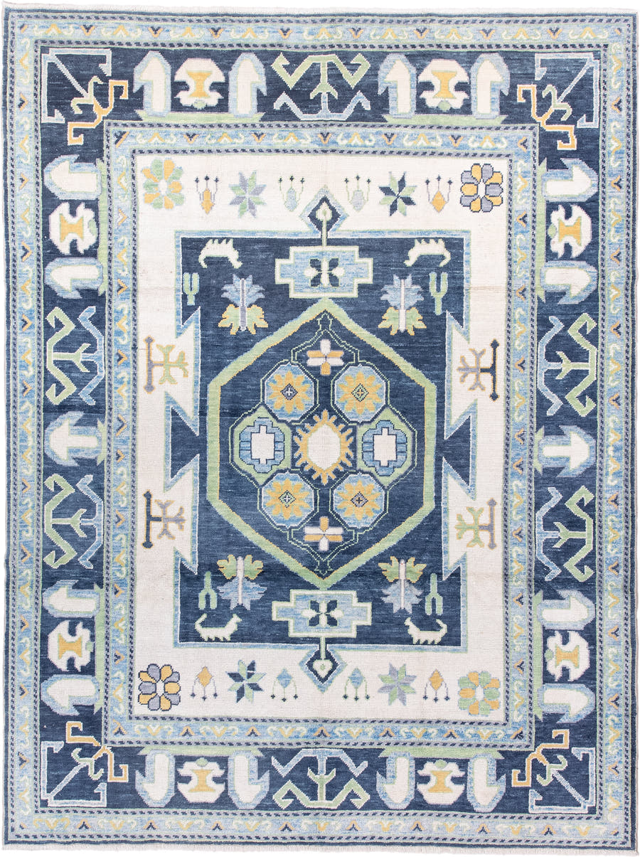 8' x 10' one-of-a-kind handmade vintage Oushak large size rug. Color palette: ivory, navy, sky_blue, sage, gold, pale_blue