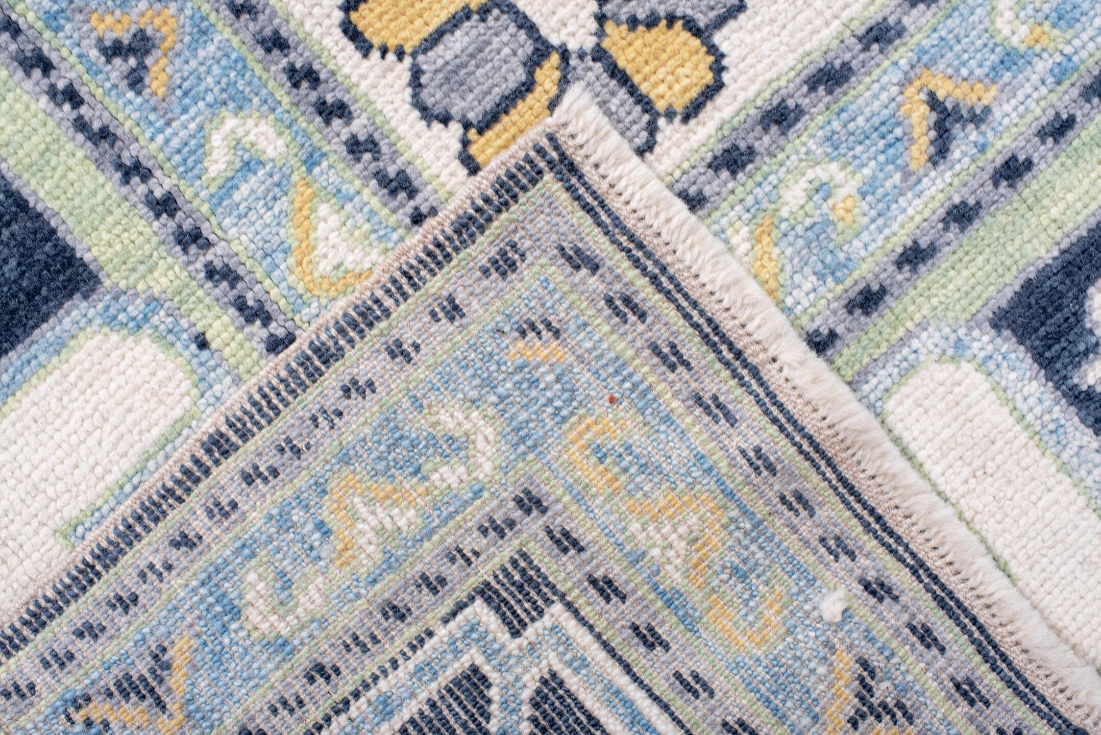 8' x 10' one-of-a-kind handmade vintage Oushak large size rug. Color palette: ivory, navy, sky_blue, sage, gold, pale_blue