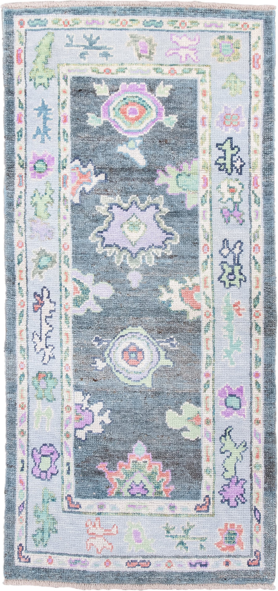 3' x 6' one-of-a-kind handmade vintage Oushak runner rug. Color palette: charcoal, ivory, lavender, sage, soft blue, coral