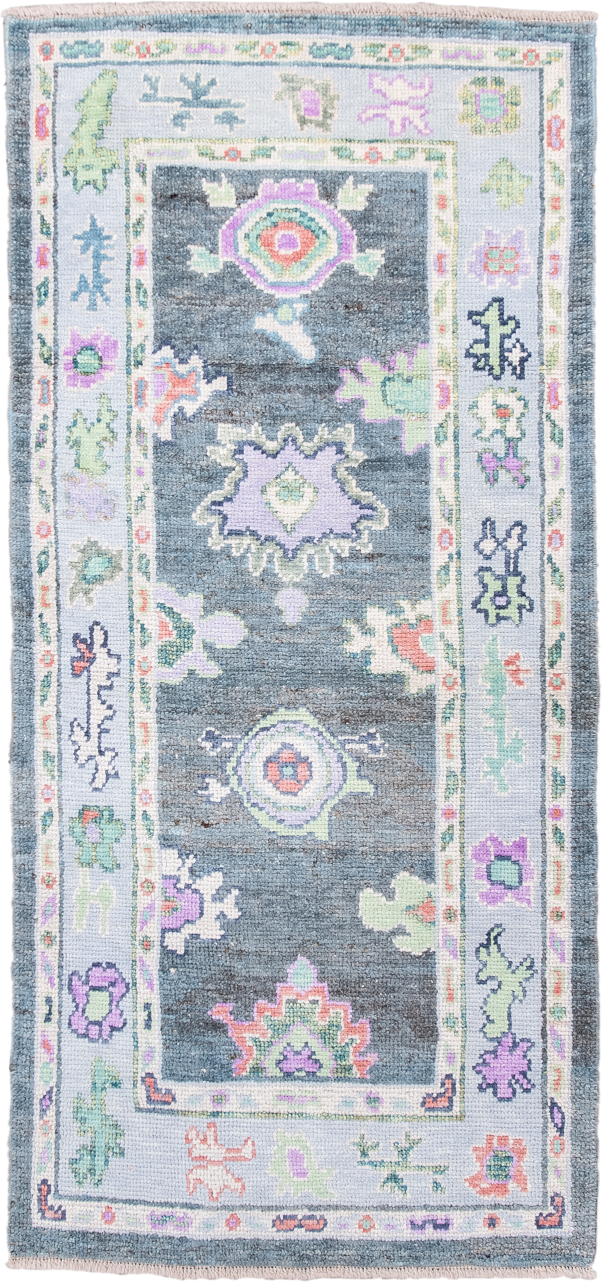 3' x 6' one-of-a-kind handmade vintage Oushak runner rug. Color palette: charcoal, ivory, lavender, sage, soft blue, coral