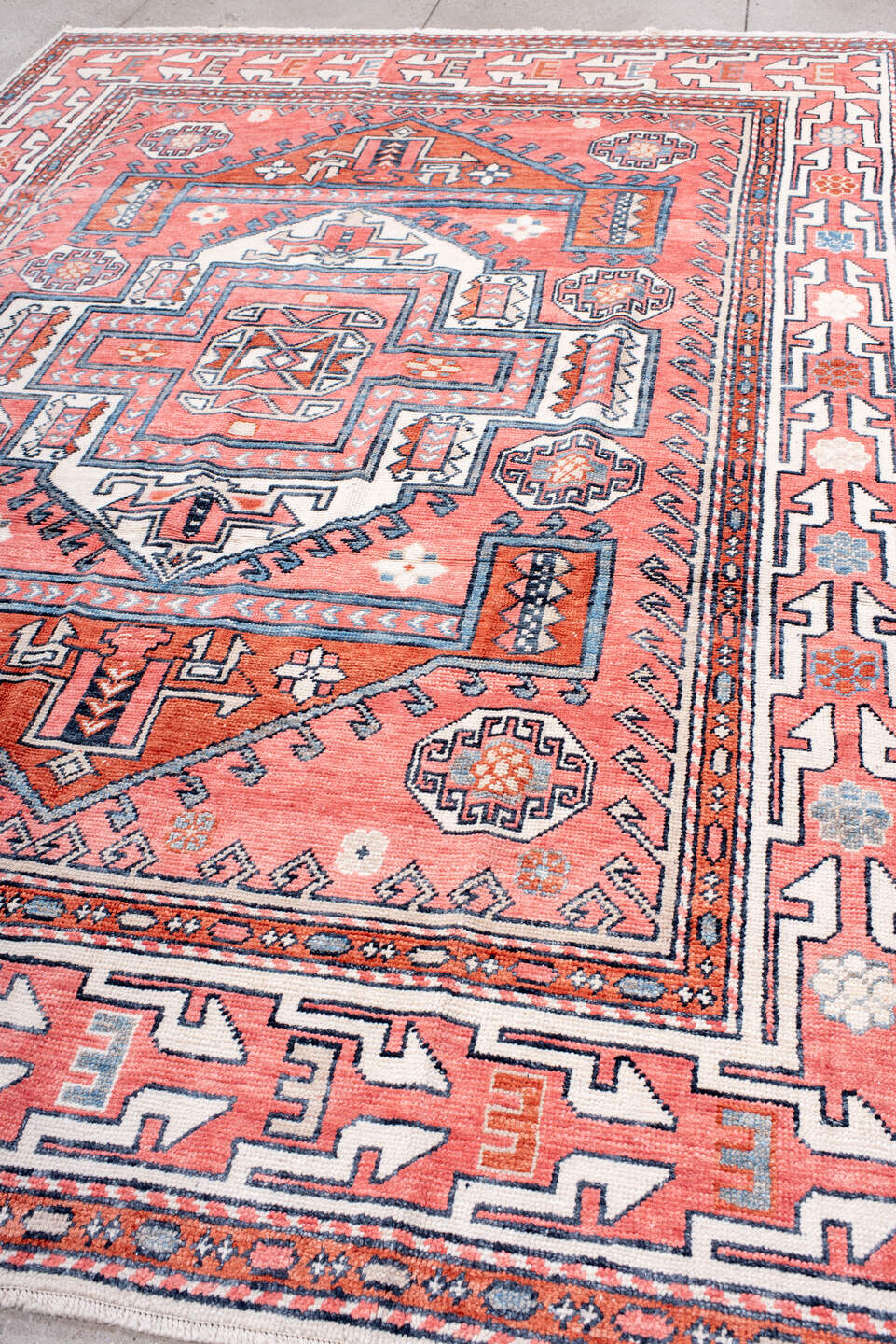 8' x 11' one-of-a-kind handmade vintage Oushak large size rug. Color palette: coral, ivory, slate, rust, sky_blue