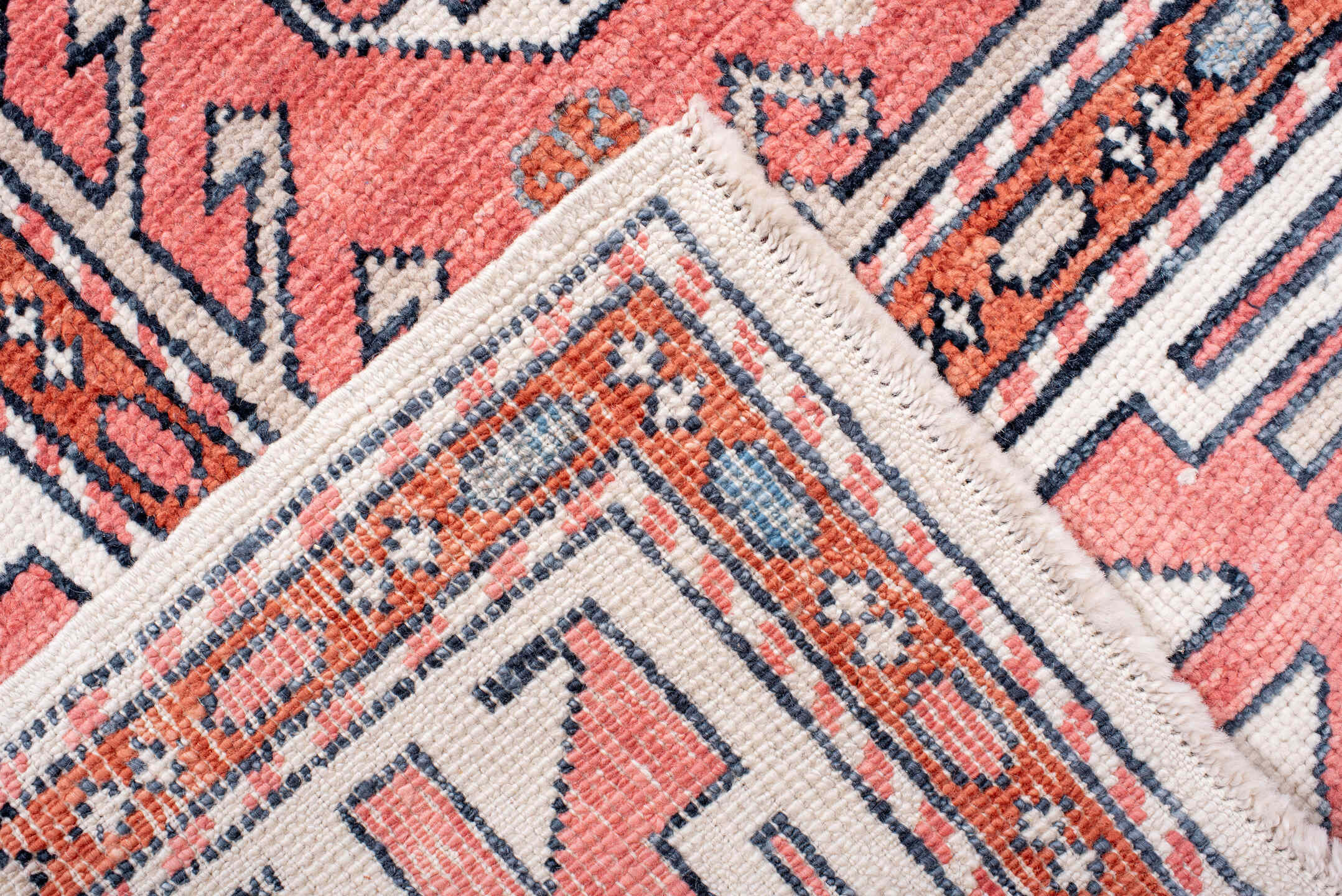 8' x 11' one-of-a-kind handmade vintage Oushak large size rug. Color palette: coral, ivory, slate, rust, sky_blue
