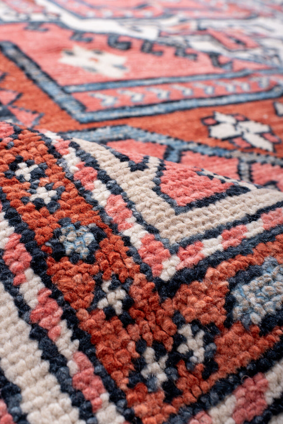 8' x 11' one-of-a-kind handmade vintage Oushak large size rug. Color palette: coral, ivory, slate, rust, sky_blue