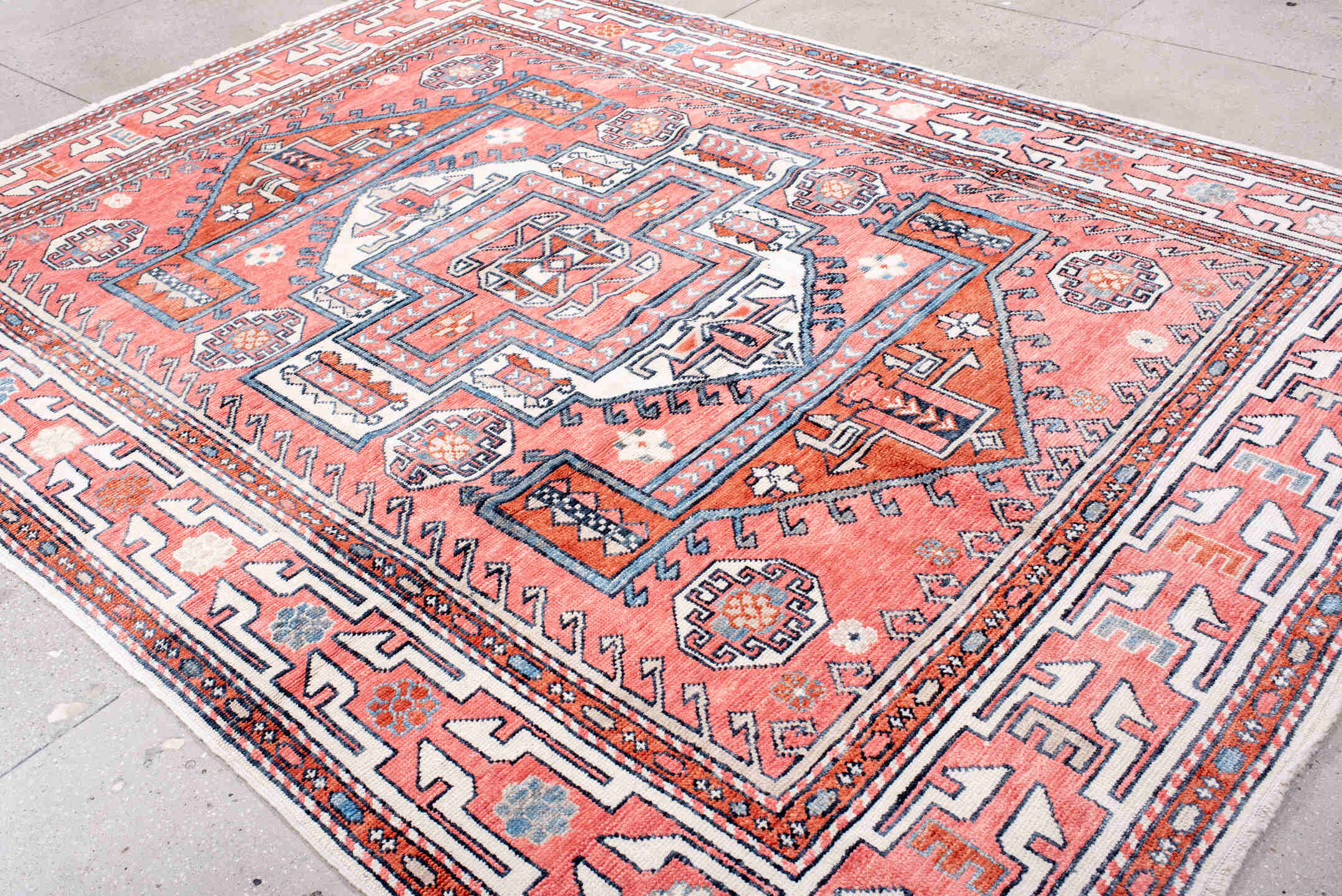 8' x 11' one-of-a-kind handmade vintage Oushak large size rug. Color palette: coral, ivory, slate, rust, sky_blue