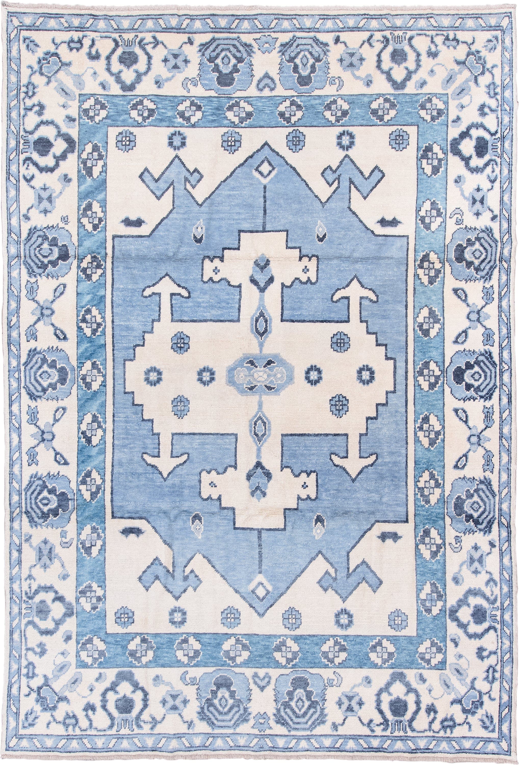 8' x 11' one-of-a-kind handmade vintage Oushak large size rug. Color palette: ivory, sky blue, slate blue, powder blue