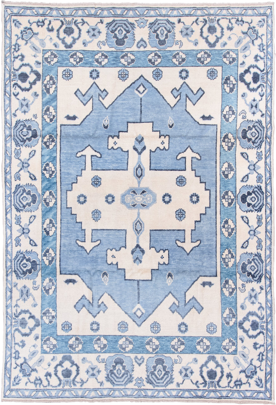 8' x 11' one-of-a-kind handmade vintage Oushak large size rug. Color palette: ivory, sky blue, slate blue, powder blue