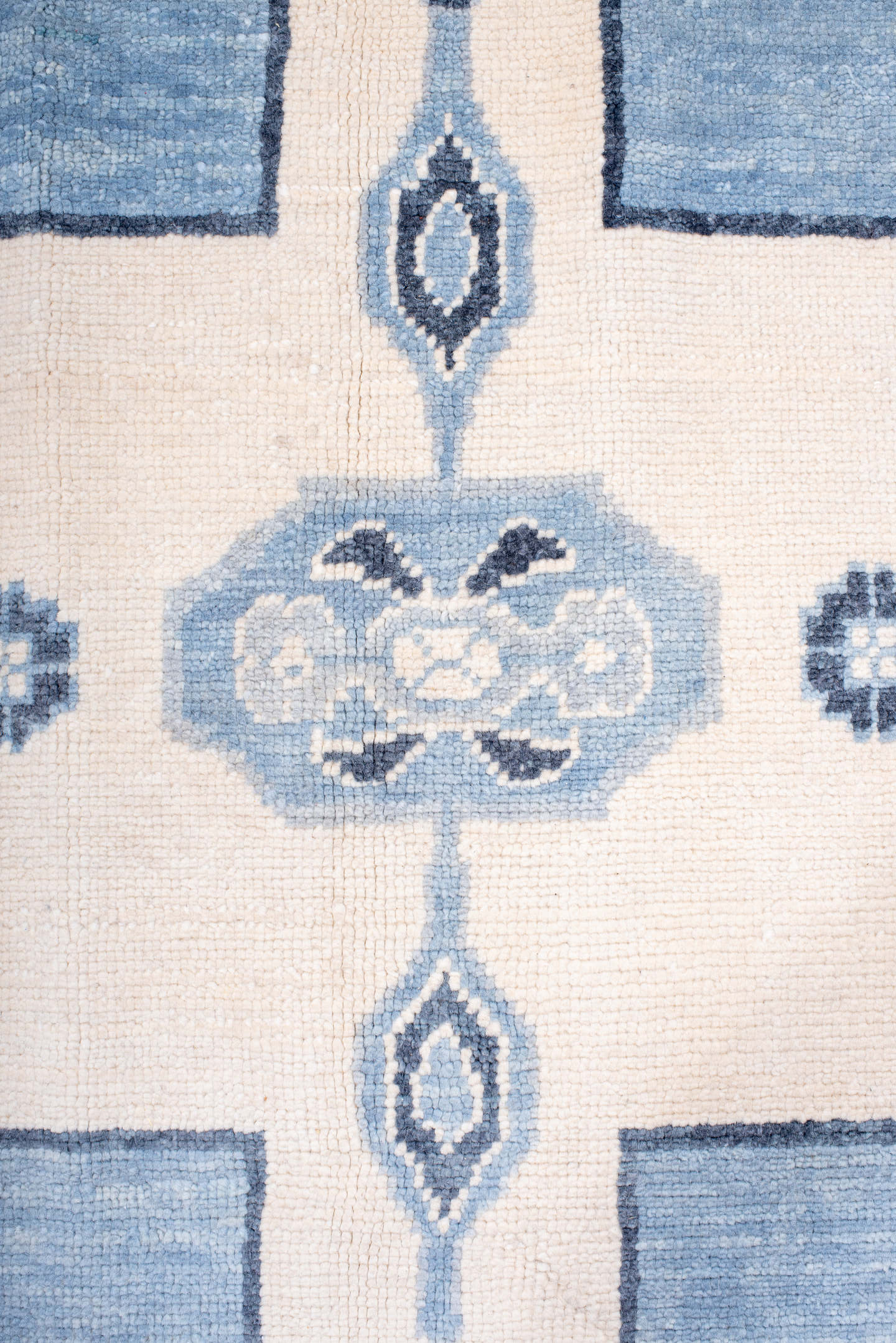 8' x 11' one-of-a-kind handmade vintage Oushak large size rug. Color palette: ivory, sky blue, slate blue, powder blue