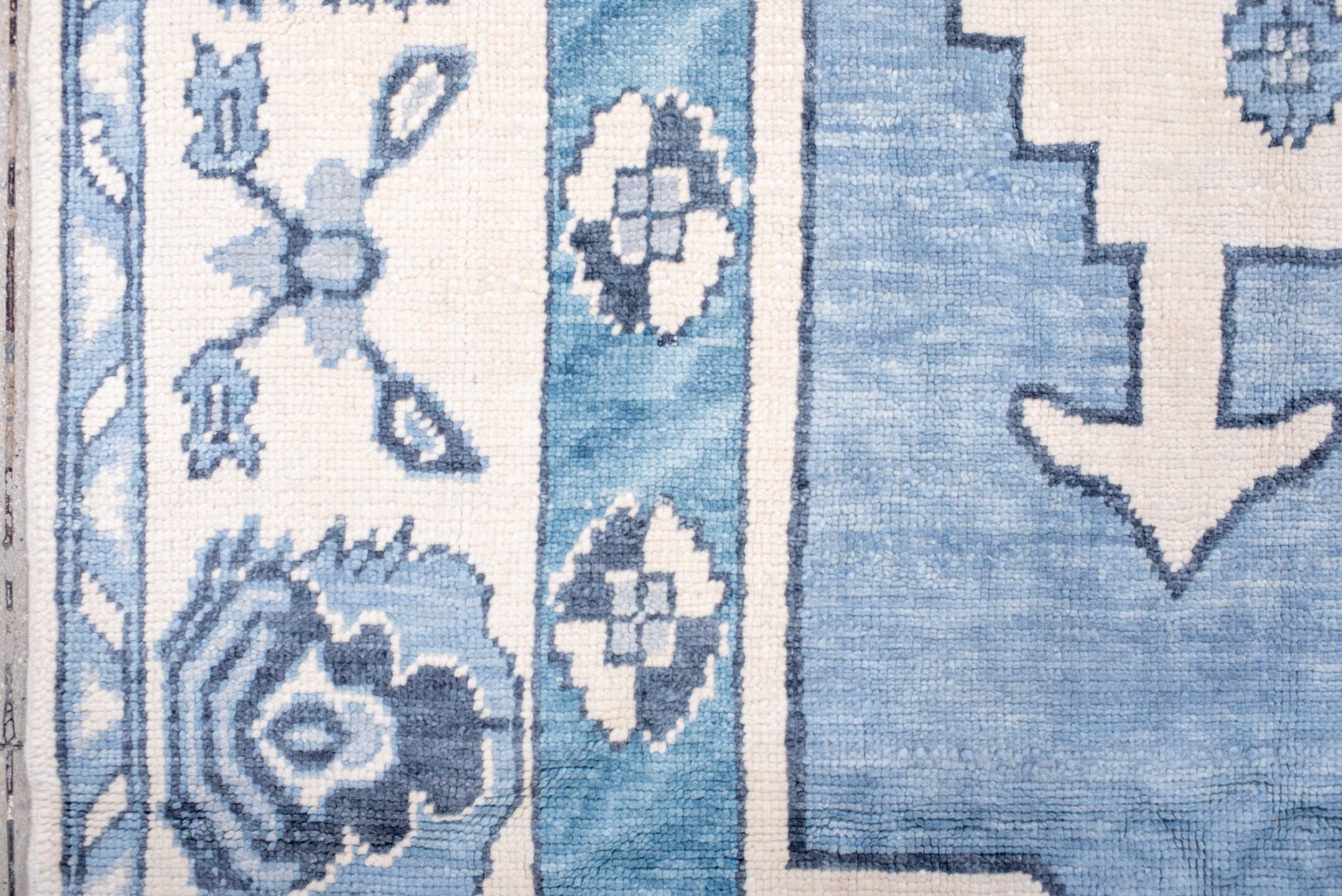 8' x 11' one-of-a-kind handmade vintage Oushak large size rug. Color palette: ivory, sky blue, slate blue, powder blue