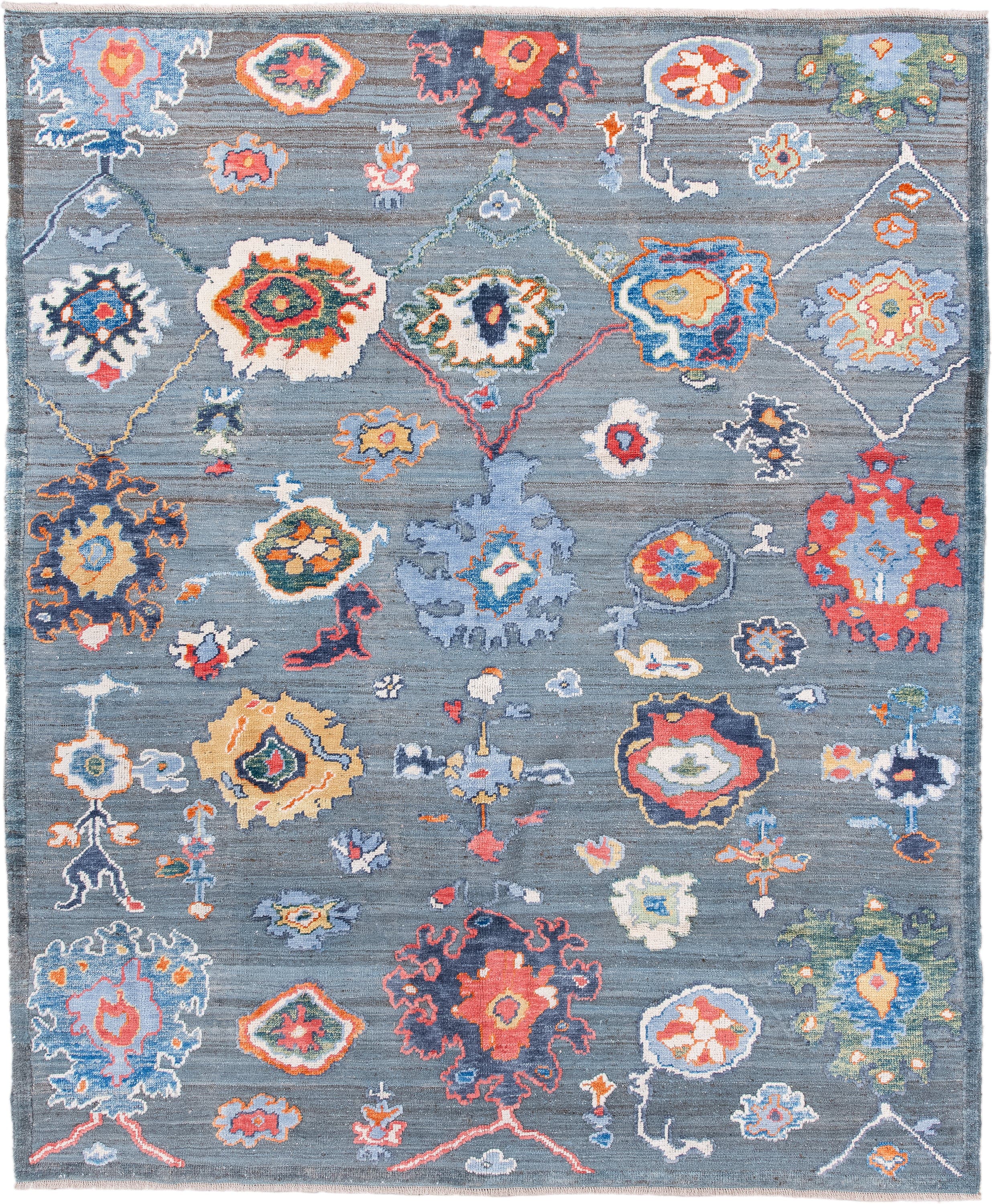 8' x 10' one-of-a-kind handmade vintage Oushak large size rug. Color palette: blue-gray, ivory, coral, slate, gold, navy