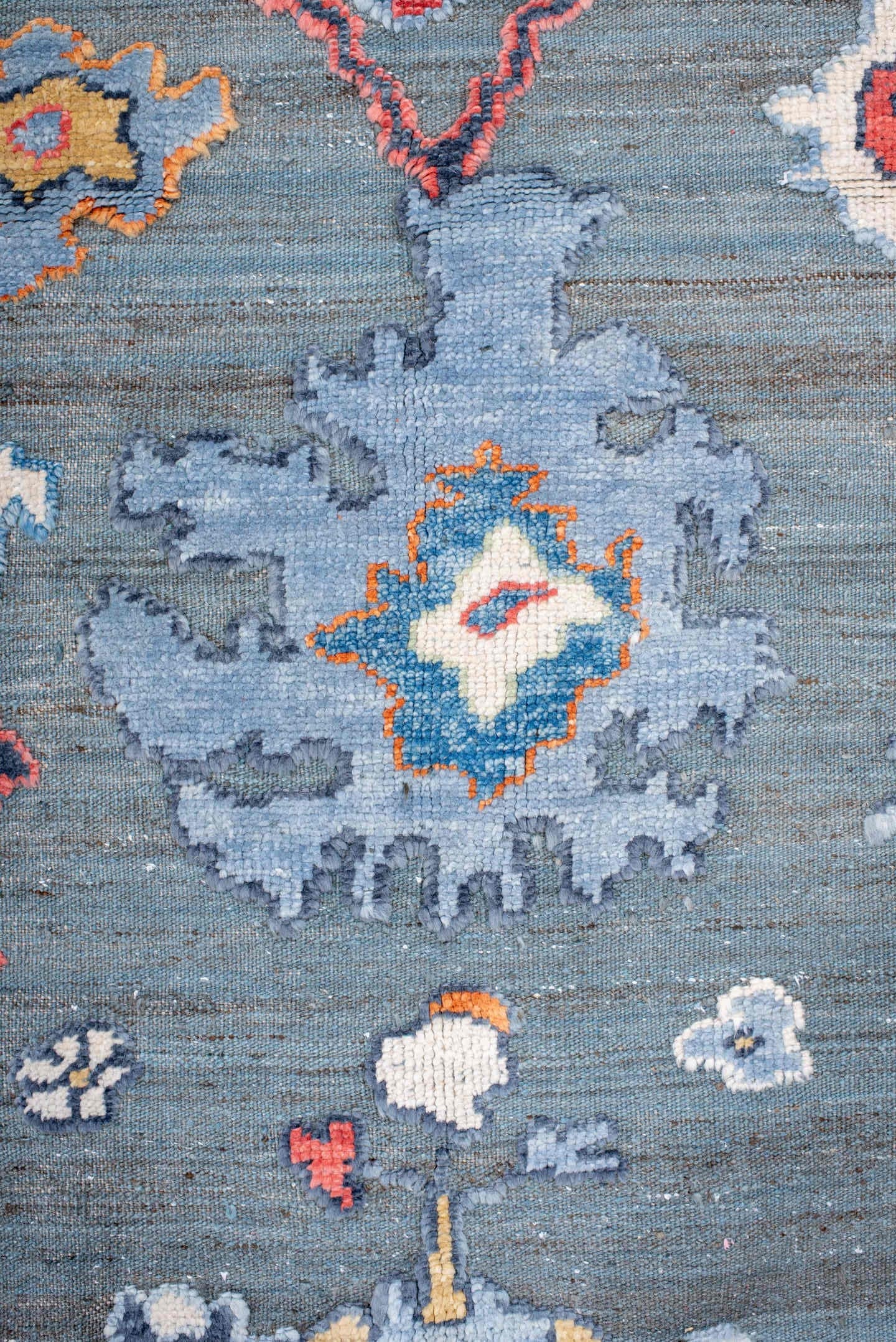 8' x 10' one-of-a-kind handmade vintage Oushak large size rug. Color palette: blue-gray, ivory, coral, slate, gold, navy