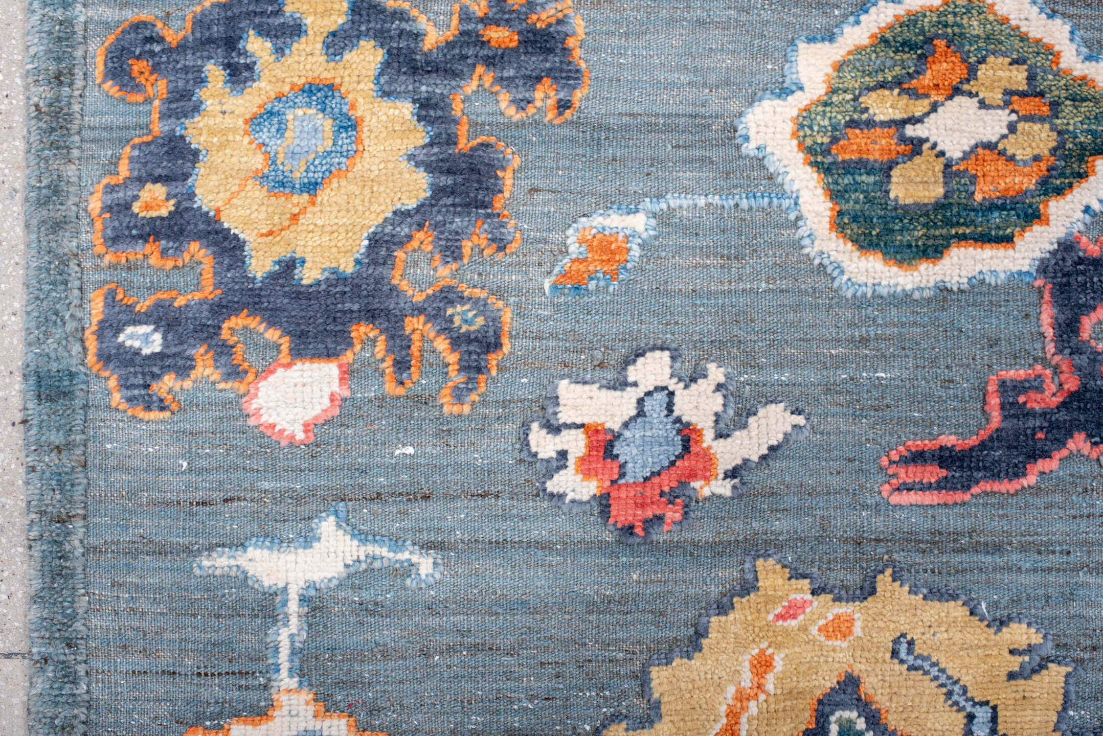 8' x 10' one-of-a-kind handmade vintage Oushak large size rug. Color palette: blue-gray, ivory, coral, slate, gold, navy