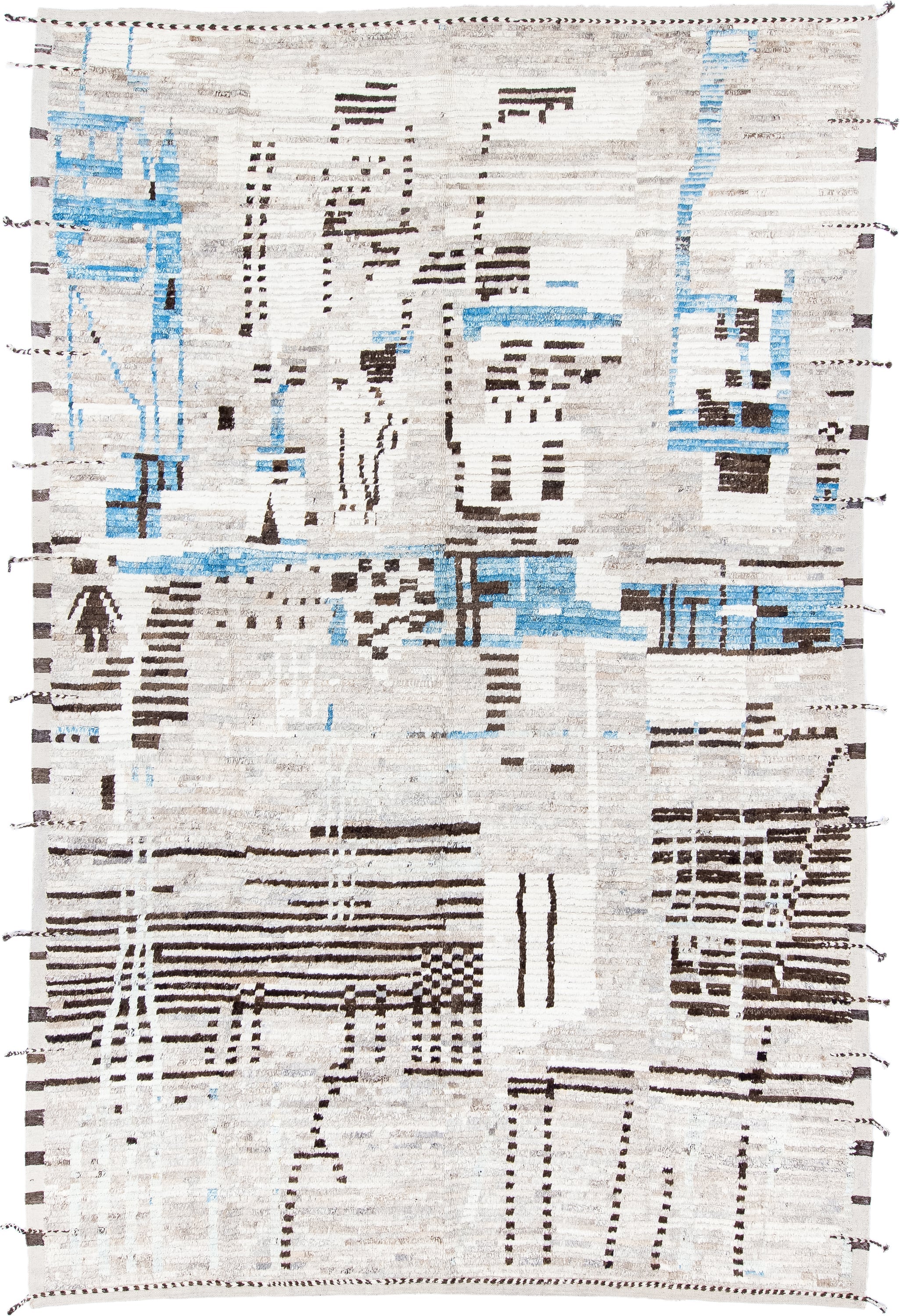 8' x 12' one-of-a-kind handmade vintage Tulu large size rug. Color palette: ivory, charcoal, sky blue, taupe, cream, gray