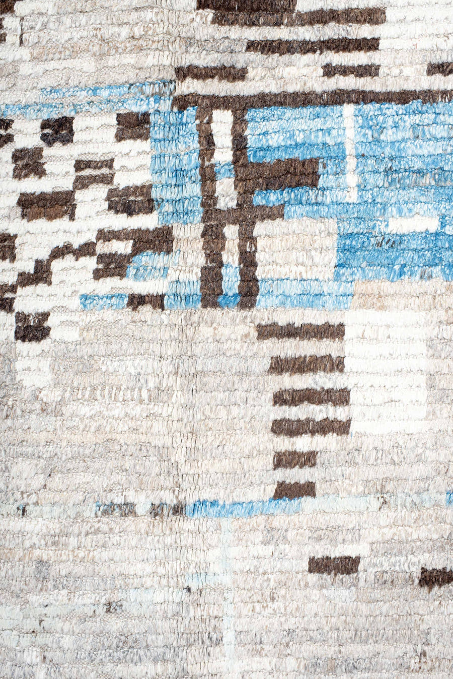 8' x 12' one-of-a-kind handmade vintage Tulu large size rug. Color palette: ivory, charcoal, sky blue, taupe, cream, gray
