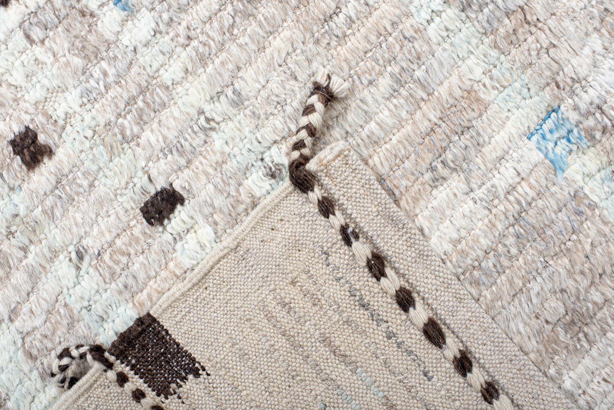 8' x 12' one-of-a-kind handmade vintage Tulu large size rug. Color palette: ivory, charcoal, sky blue, taupe, cream, gray