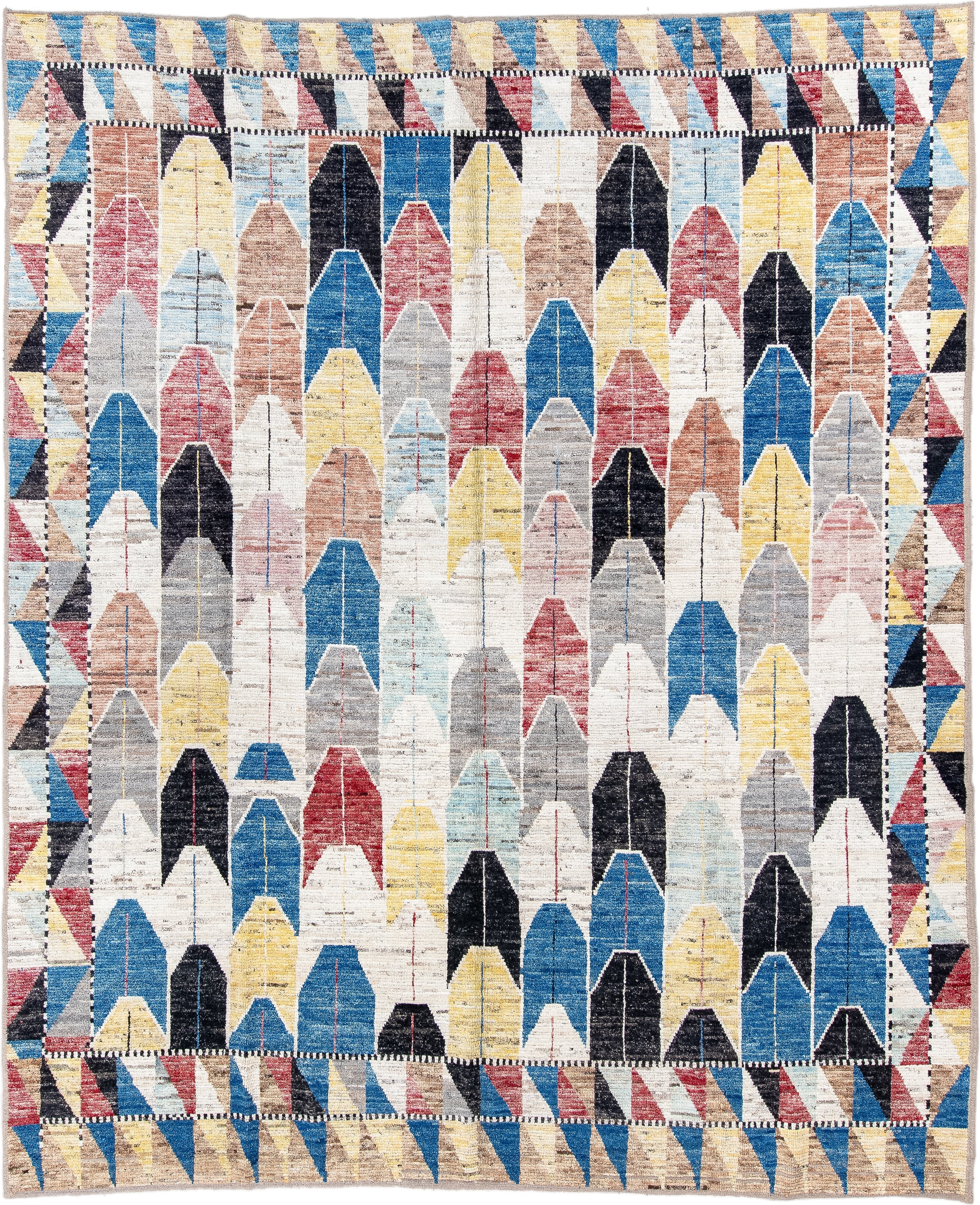 9' x 11' one-of-a-kind handmade vintage Tulu large size rug. Color palette: ivory, blue, charcoal, yellow, rose, taupe