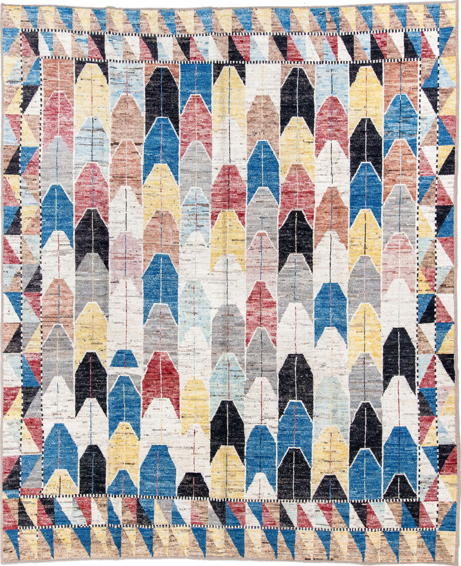 9' x 11' one-of-a-kind handmade vintage Tulu large size rug. Color palette: ivory, blue, charcoal, yellow, rose, taupe