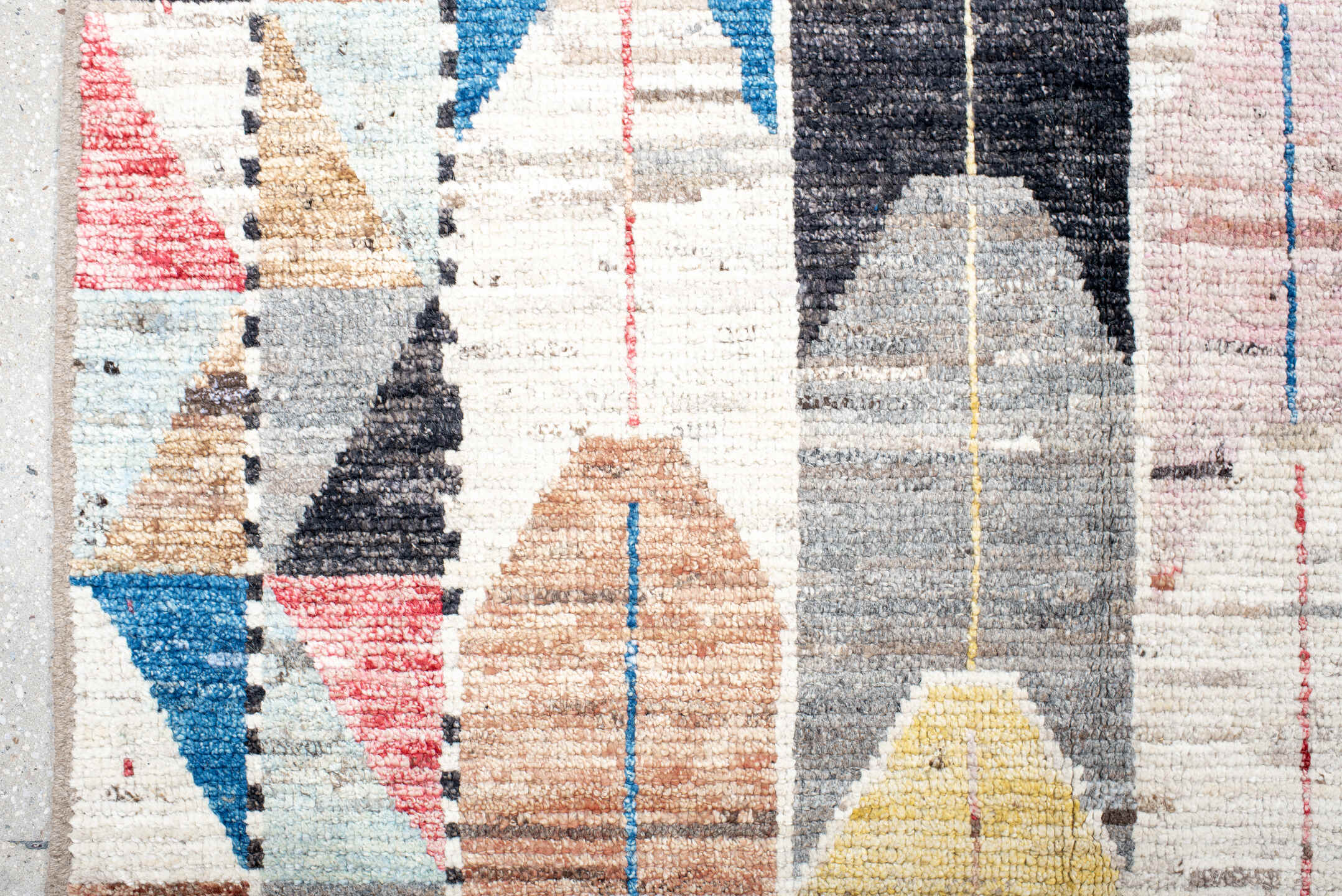 9' x 11' one-of-a-kind handmade vintage Tulu large size rug. Color palette: ivory, blue, charcoal, yellow, rose, taupe
