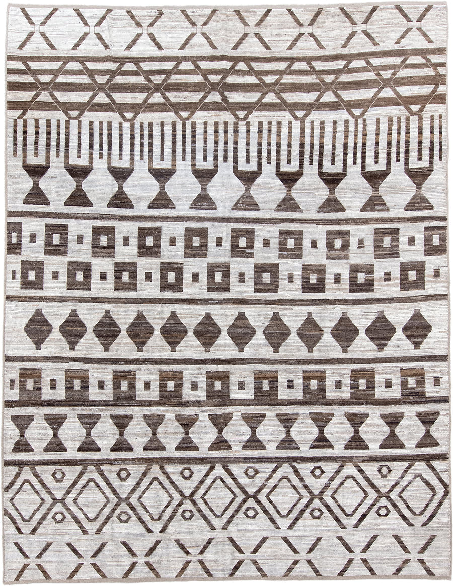 9' x 12' one-of-a-kind handmade vintage Tulu large size rug. Color palette: ivory, brown, taupe, beige, gray