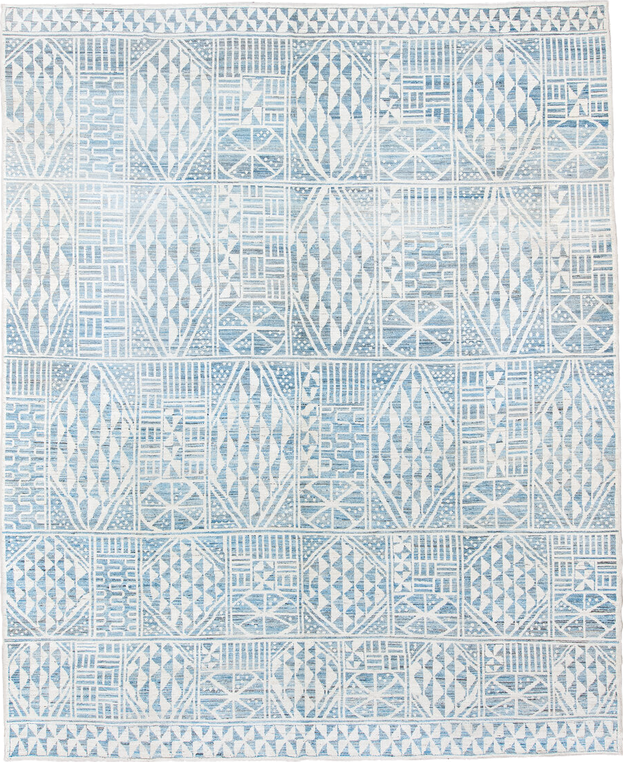 12' x 14' one-of-a-kind handmade vintage Tulu oversize rug. Color palette: ivory, sky blue, powder blue, light blue