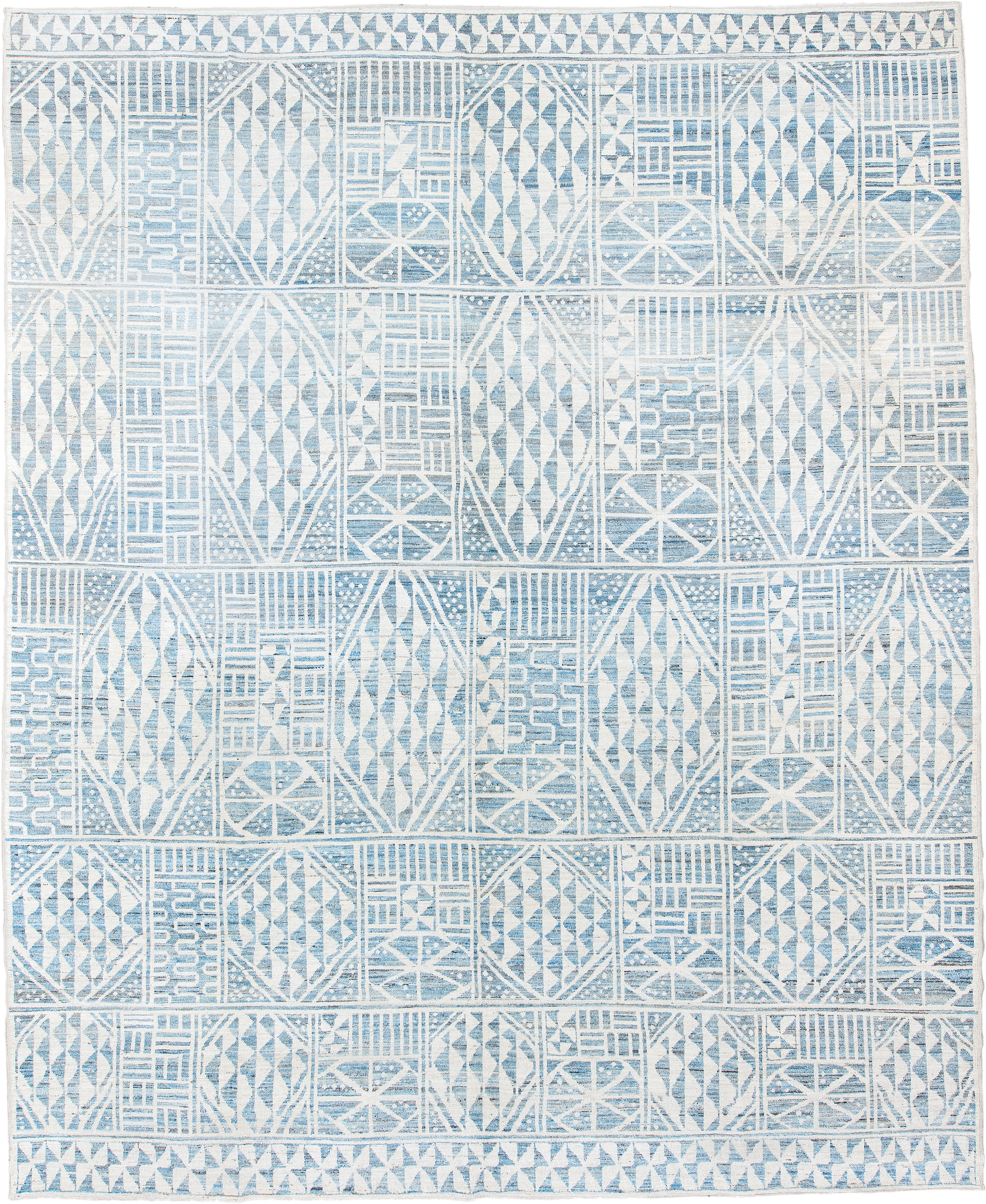 12' x 14' one-of-a-kind handmade vintage Tulu oversize rug. Color palette: ivory, sky blue, powder blue, light blue