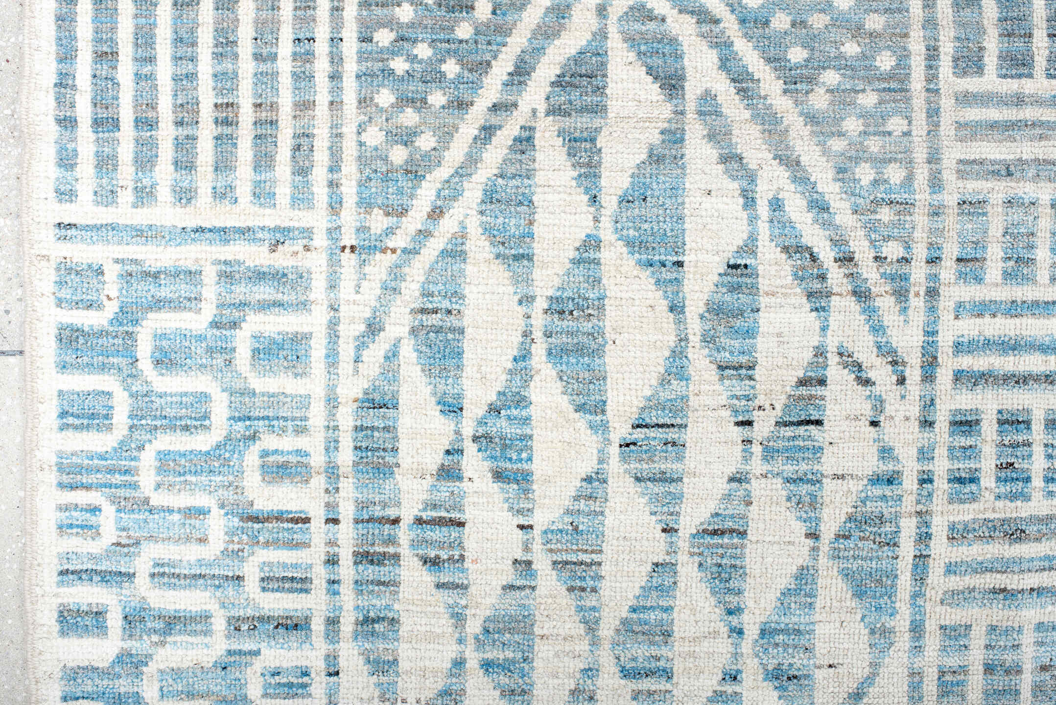 12' x 14' one-of-a-kind handmade vintage Tulu oversize rug. Color palette: ivory, sky blue, powder blue, light blue