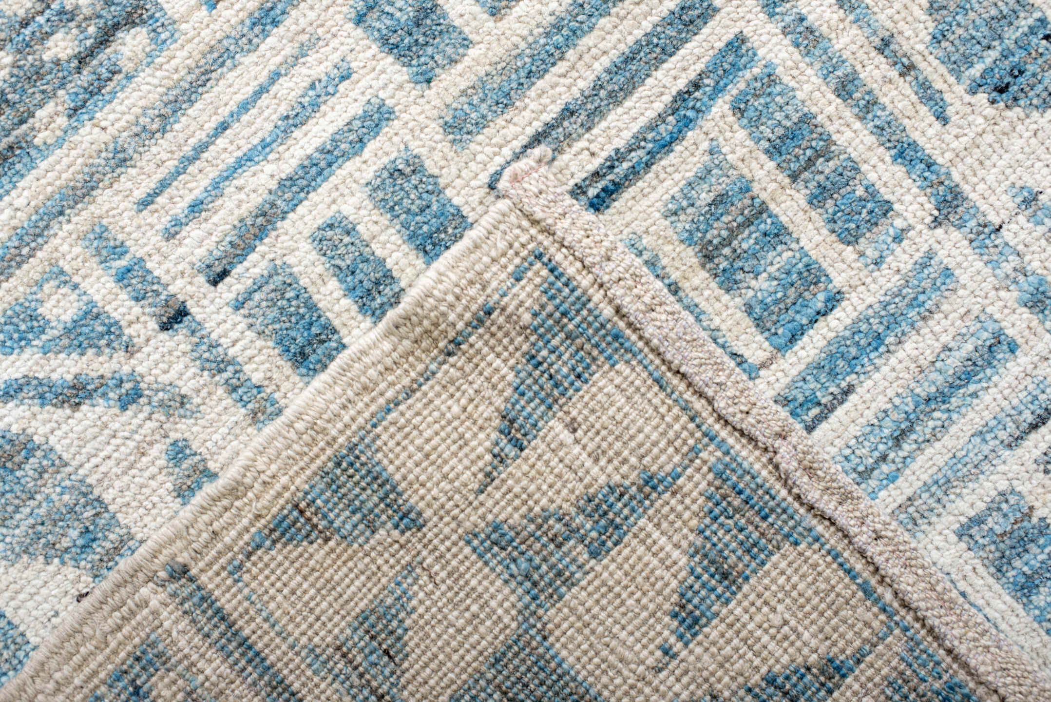 12' x 14' one-of-a-kind handmade vintage Tulu oversize rug. Color palette: ivory, sky blue, powder blue, light blue