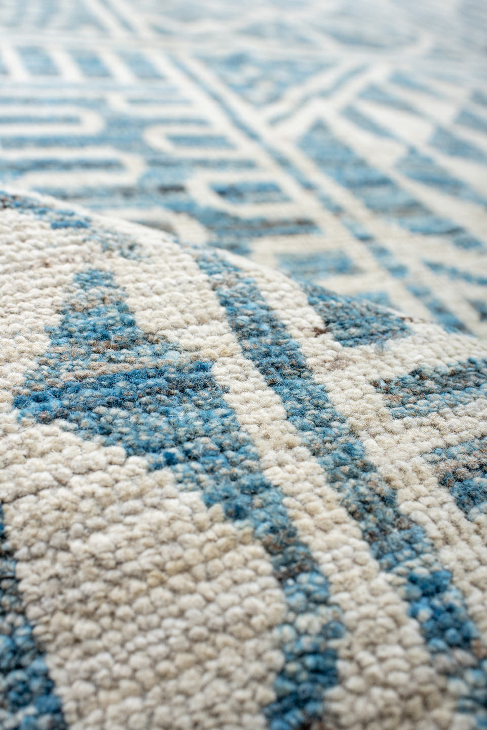 12' x 14' one-of-a-kind handmade vintage Tulu oversize rug. Color palette: ivory, sky blue, powder blue, light blue
