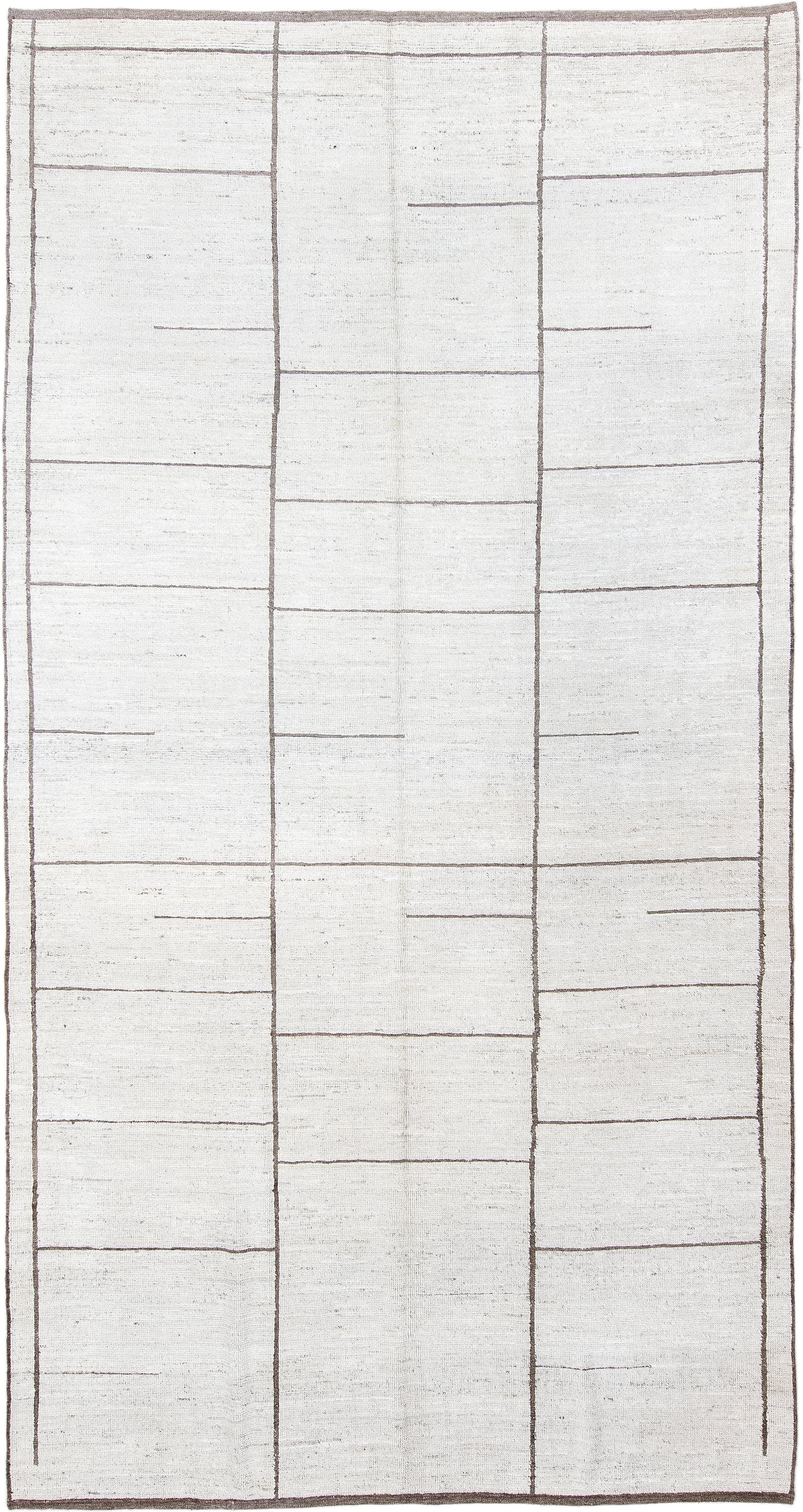7' x 13' one-of-a-kind handmade vintage Tulu large size rug. Color palette: ivory, taupe, brown, cream, beige, gray