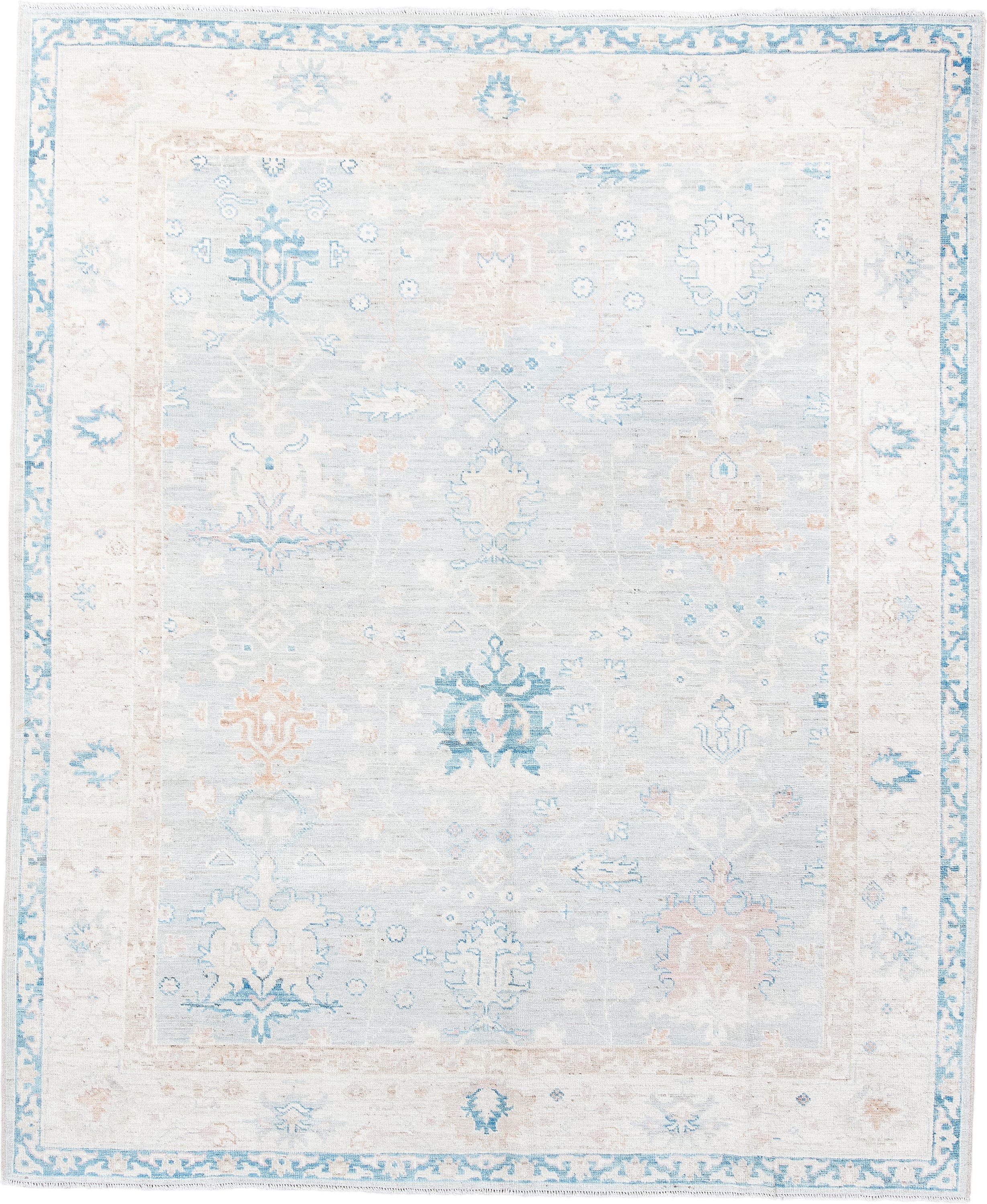 8' x 10' one-of-a-kind handmade vintage Oushak large size rug. Color palette: ivory, pale blue, blush, cream, sky blue