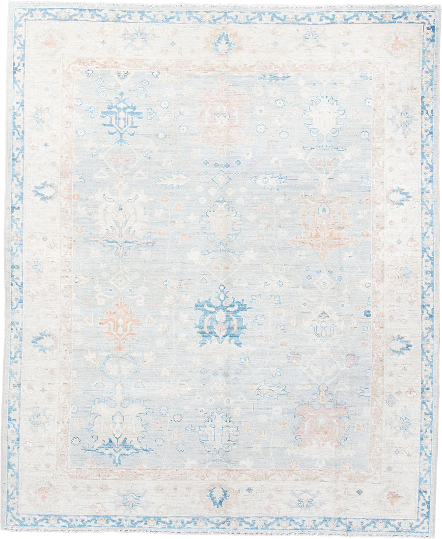 8' x 10' one-of-a-kind handmade vintage Oushak large size rug. Color palette: ivory, pale blue, blush, cream, sky blue