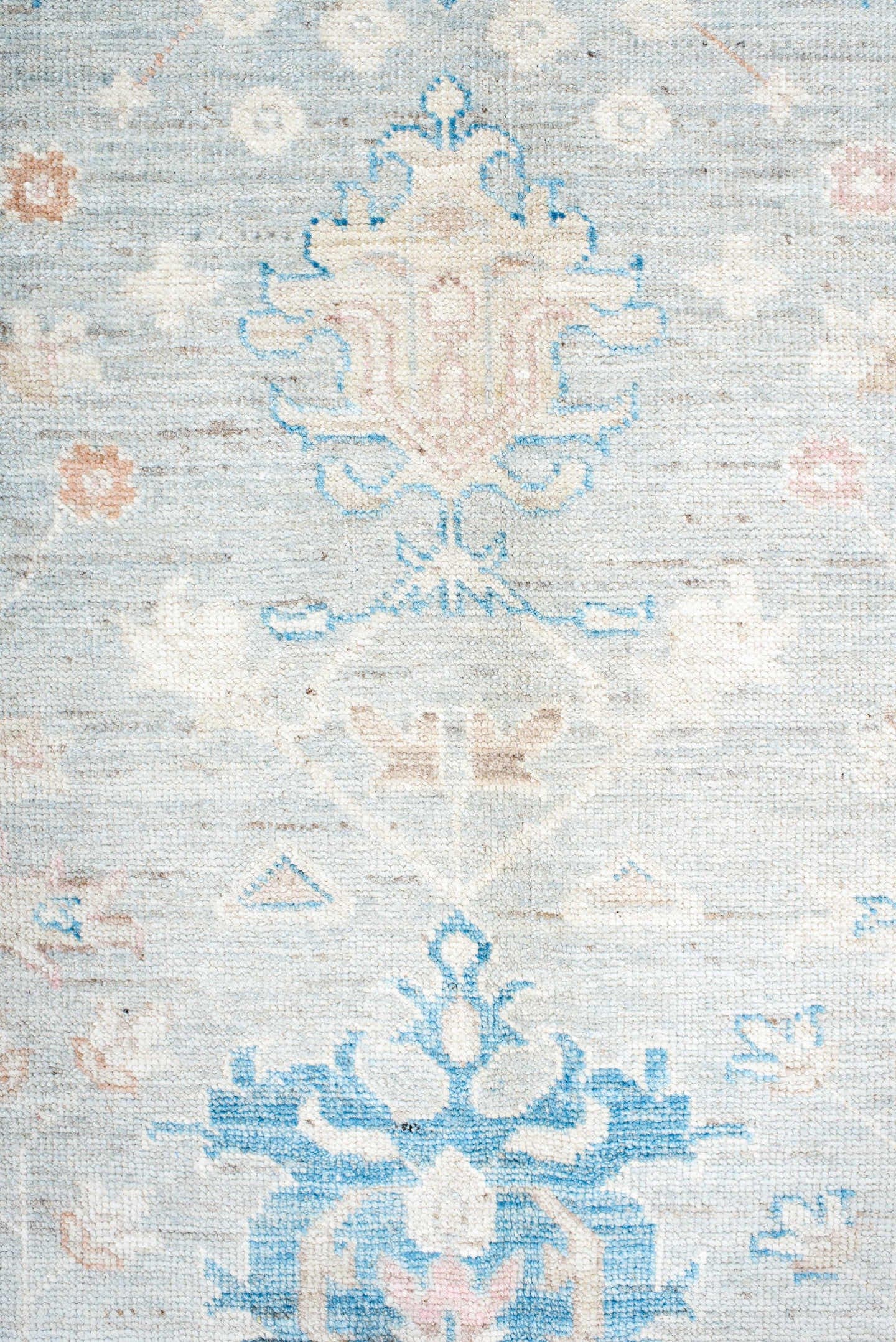 8' x 10' one-of-a-kind handmade vintage Oushak large size rug. Color palette: ivory, pale blue, blush, cream, sky blue